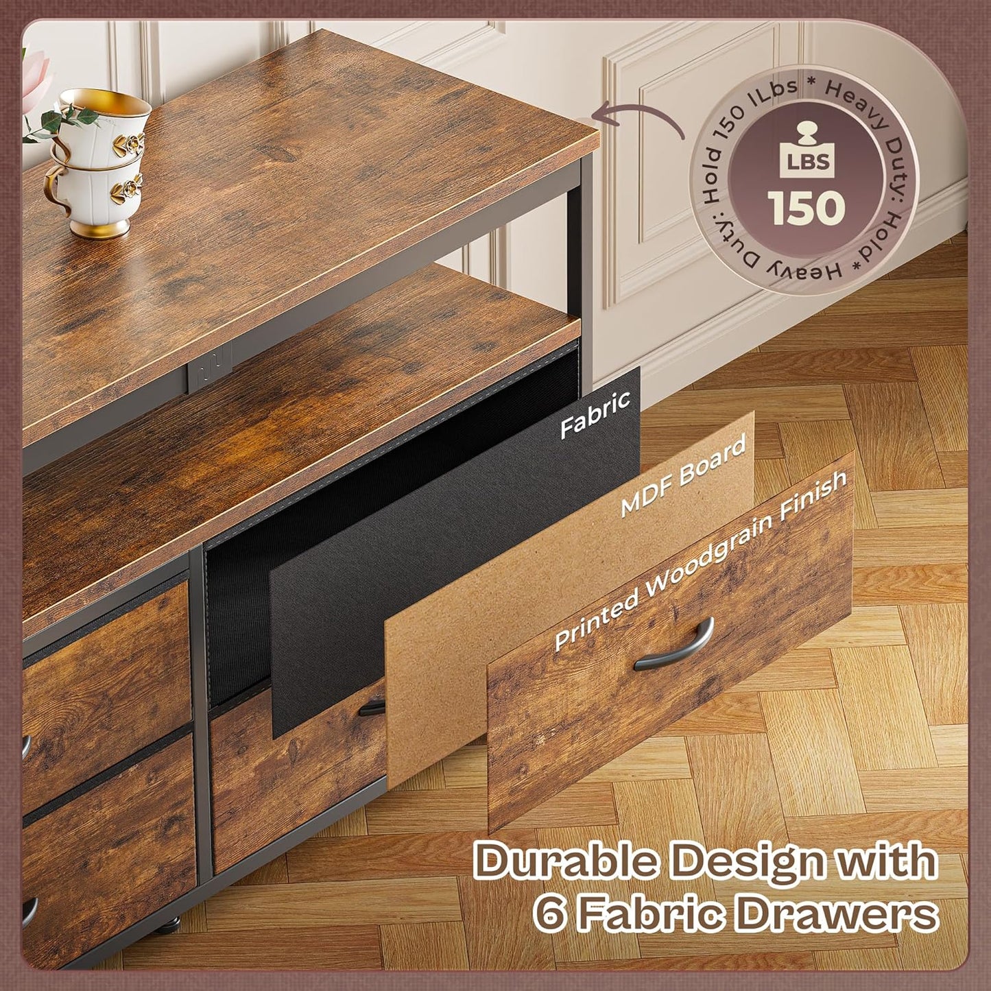 63-Inch TV Stand for 55 to 70 Inch TVs, Rustic Entertainment Center with Power Outlets and Fabric Drawer Storage for Bedroom and Living Room