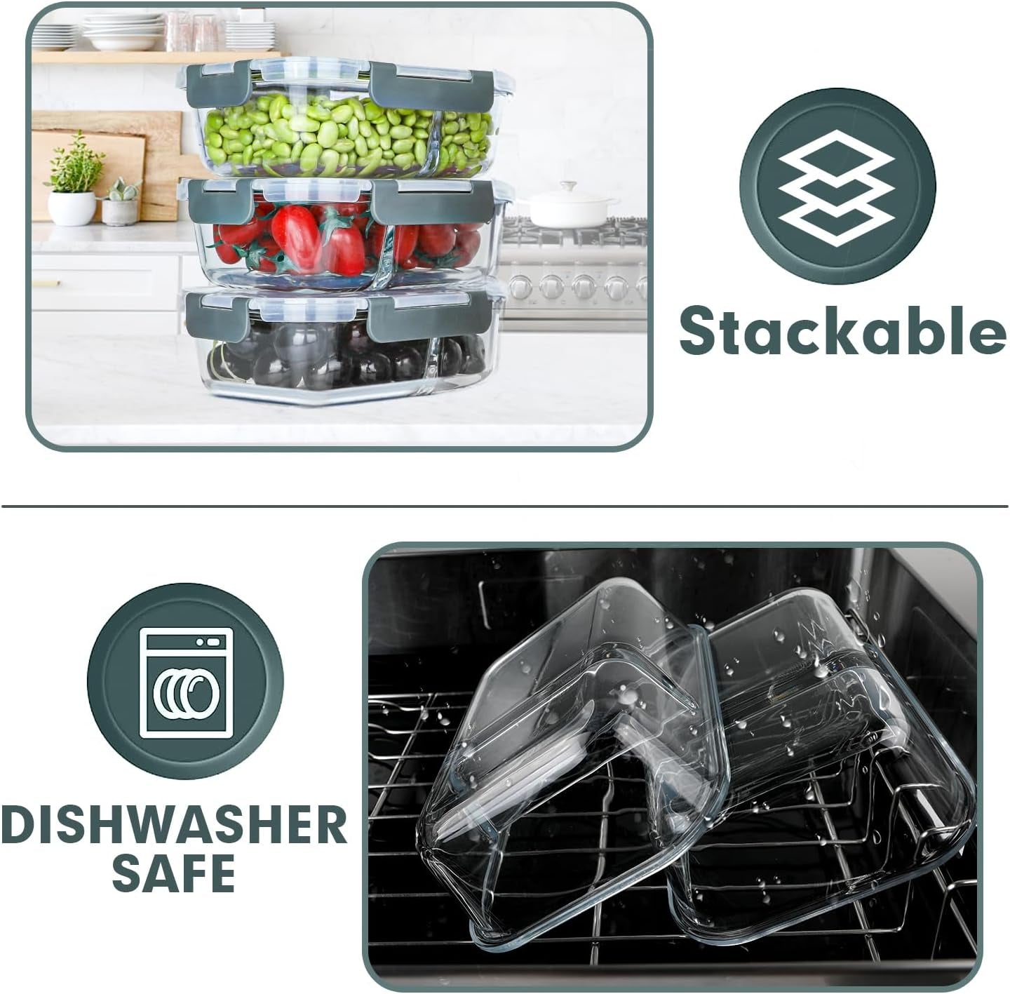 10-Pack 30 OZ Glass Meal Prep Containers with 2 Compartments, Airtight Lids, Microwave, Oven, Freezer, and Dishwasher Safe, Grey