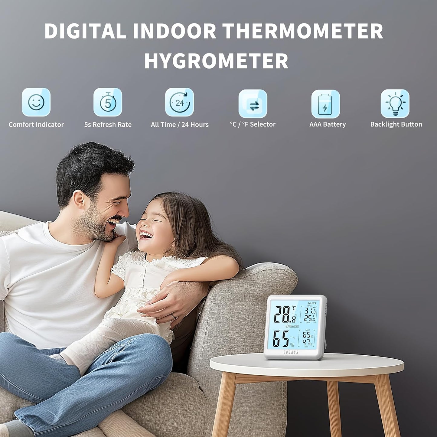 Digital Hygrometer Indoor Thermometer for House, Room Thermometer with 3S Fast Refresh & Max Min Records, Temperature Monitor Humidity Meter with Backlight, White