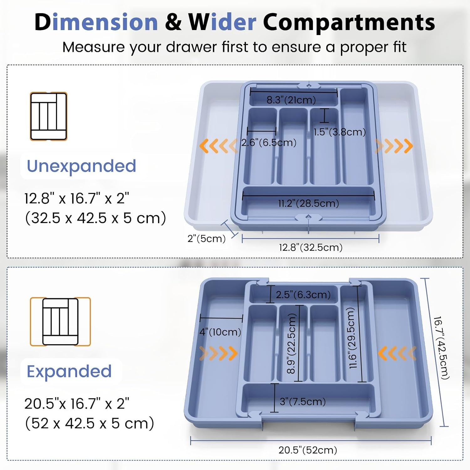 Expandable Large Silverware Organizer for Kitchen Drawers - BPA-Free Thick Plastic with Wider Compartments and Non-Skid Feet (Breezy Blue)