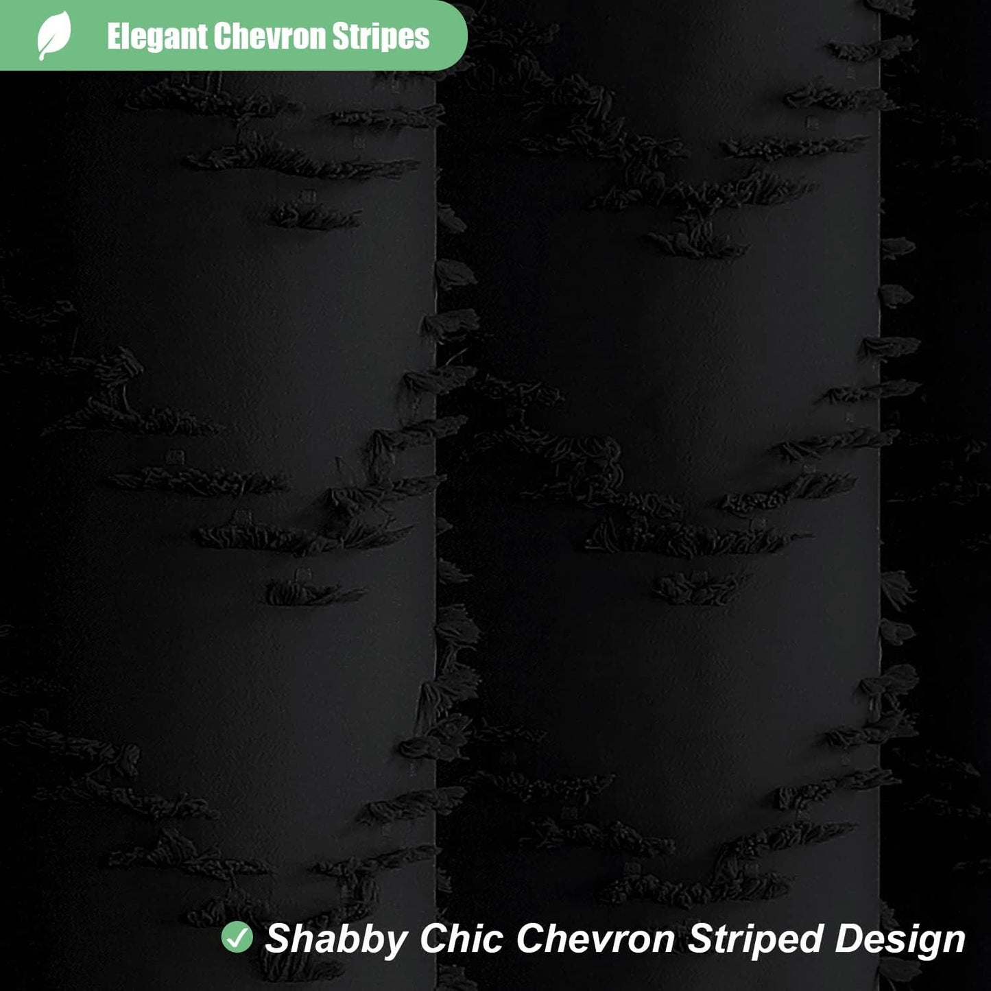 Boho Farmhouse Shower Curtain, Black Fabric Tufted Chevron Striped Textured Tassel Shower Curtains for Bathroom, Water Repellent, Minimalist Ruffled Cloth Shower Curtain Set with Hook, 72X72