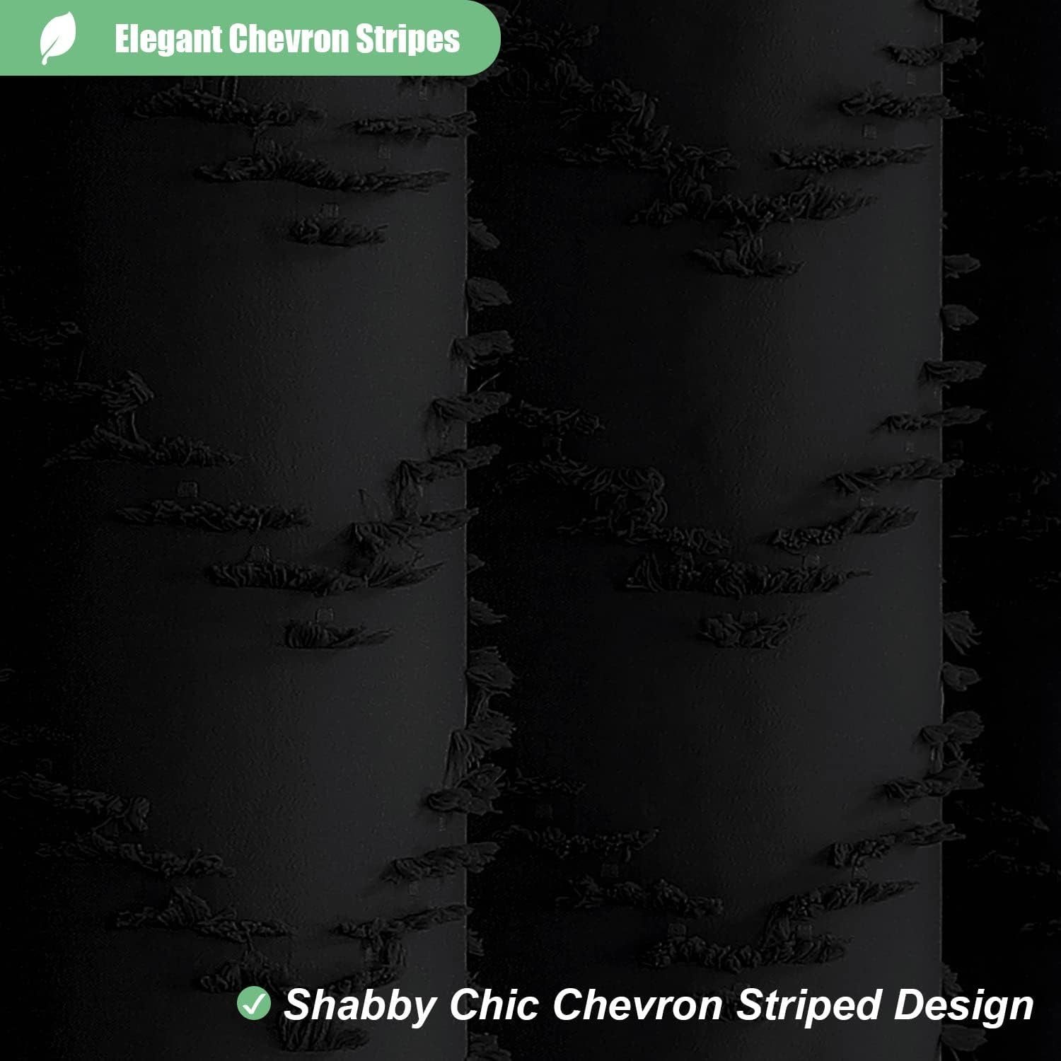 Boho Farmhouse Shower Curtain, Black Fabric Tufted Chevron Striped Textured Tassel Shower Curtains for Bathroom, Water Repellent, Minimalist Ruffled Cloth Shower Curtain Set with Hook, 72X72