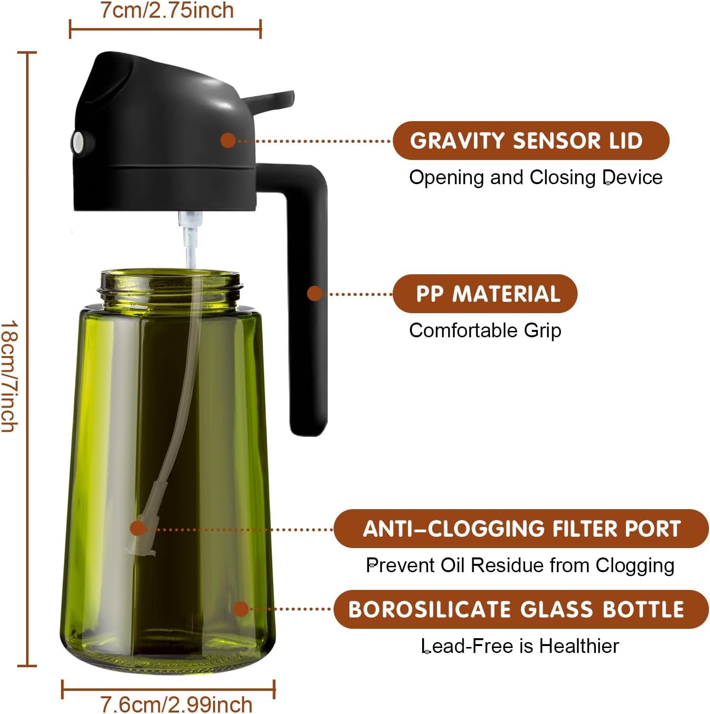 16Oz/470Ml Light-Blocking Dark Oil Sprayer for Cooking, 2 in 1 Olive Oil Dispenser Bottle for Kitchen, Premium Dark Green Glass Oil Bottle, Food-Grade Oil Mister for Air Fryer, BBQ (Black)
