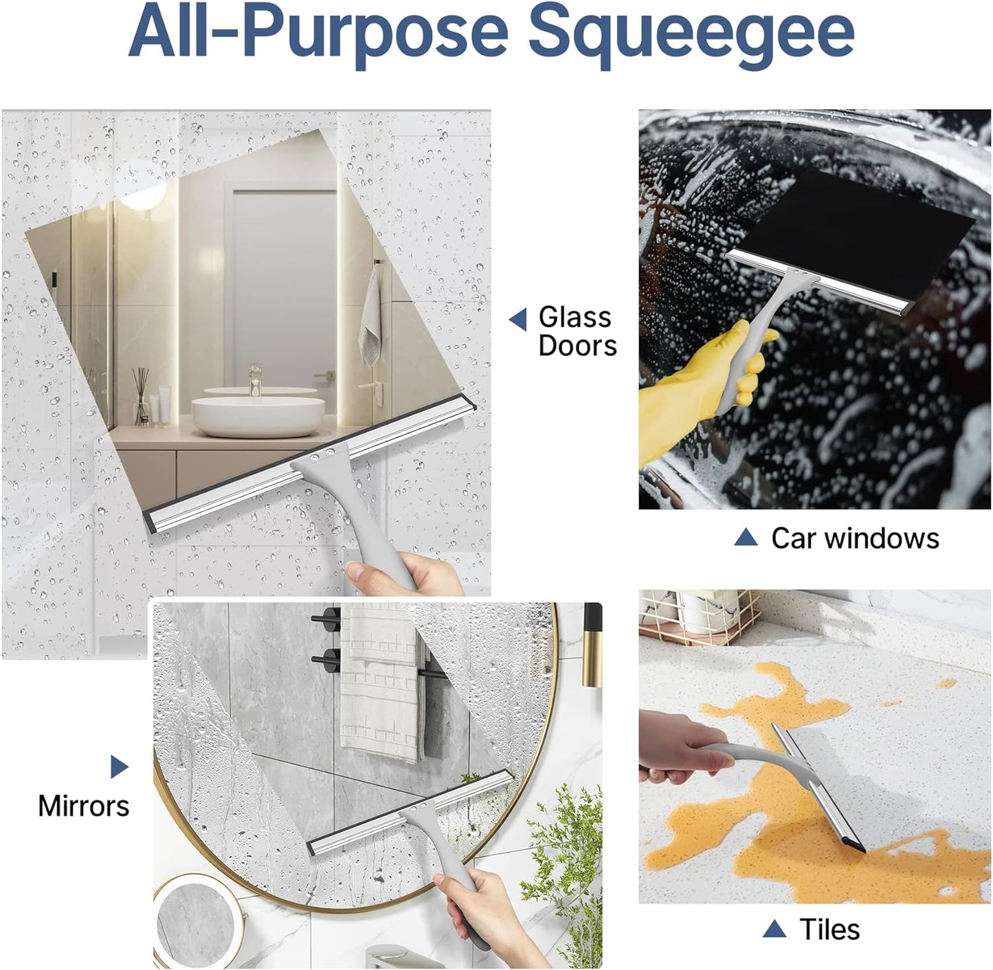 Squeegee for Shower Glass Door, All-Purpose Squeegee with Hook for Shower Doors, Windows, Mirrors, Tiles and Car Glass, 10 Inches