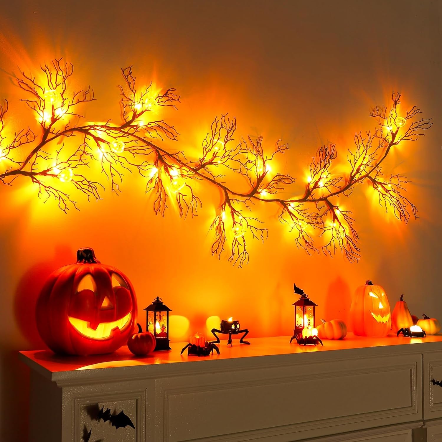 Halloween Garland with Lights Decorations with Pumpkin Lights,Battery Operated 6FT 47 LED Halloween Willow Vine Twig Garland for Mantle,Wall,Fireplace and Halloween Decorations