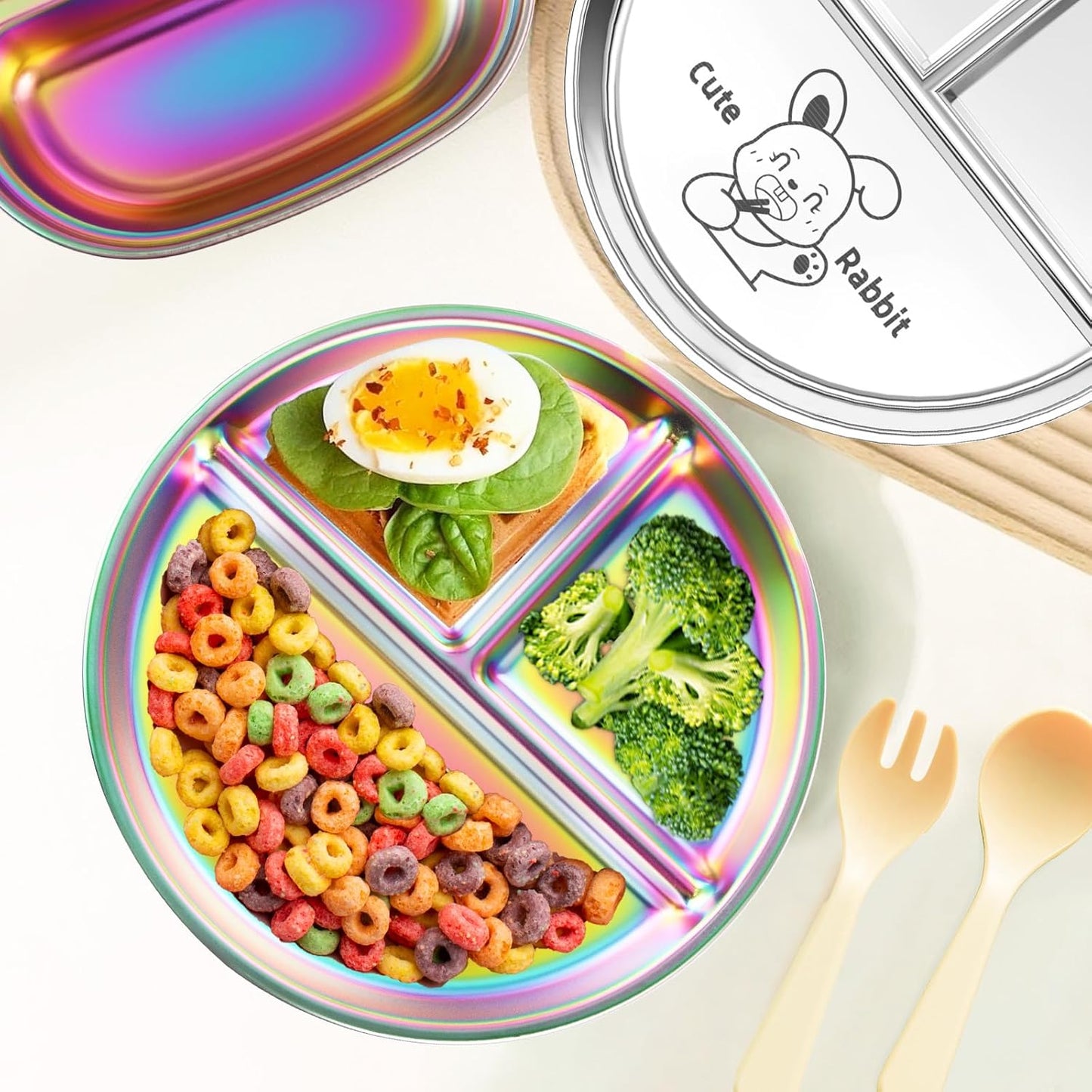 Stainless Steel Kids Plates Set of 2, 9" Portion Divided Plate for Toddler & Baby, Non Toxic Unbreakable Dinner Dishes, Metal Food Tray Camping Picnic Snack Nut Container, Bling Colorful