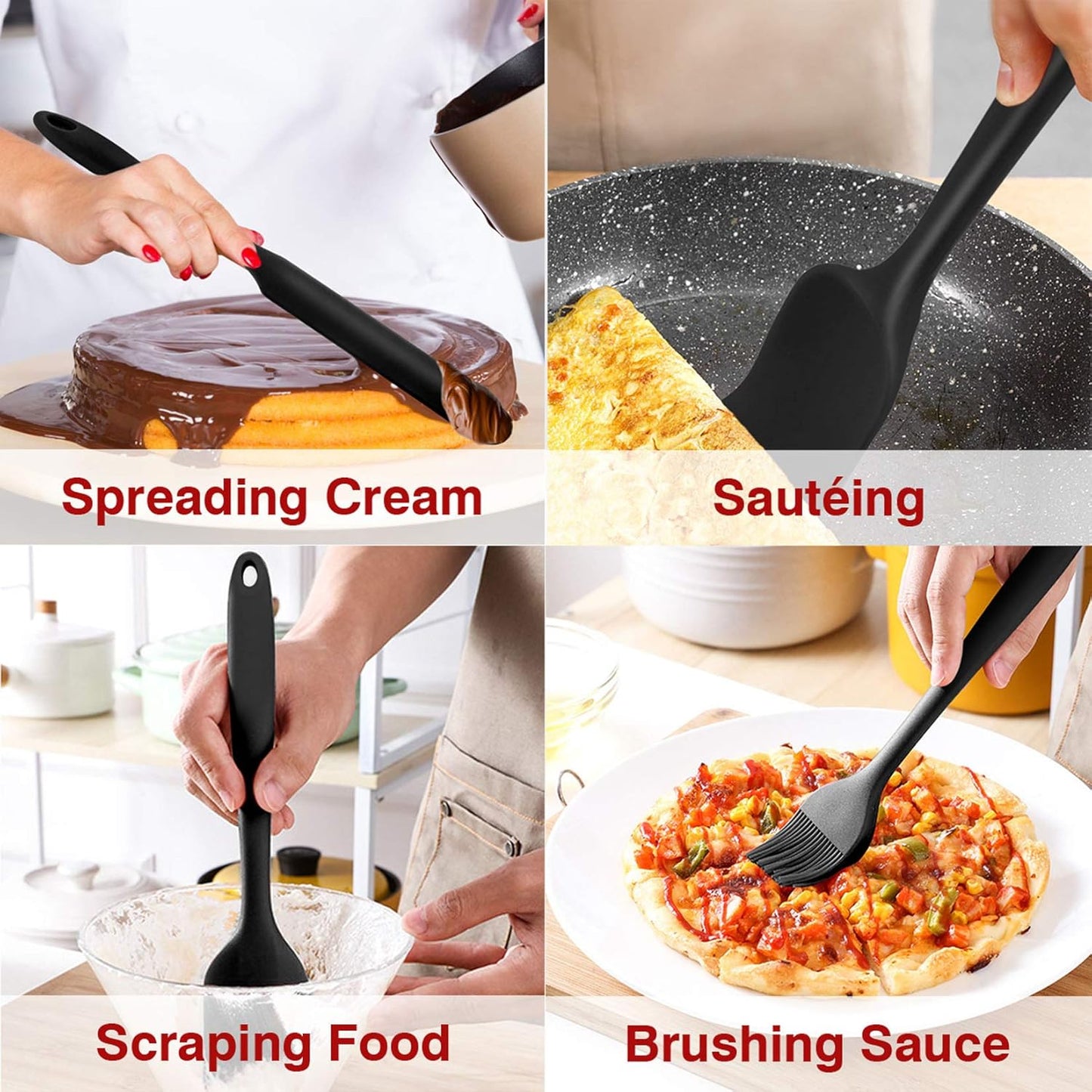 Silicone Spatula Set of 7, Heat-Resistant Rubber Spatulas Kitchen Utensils Set for Non-Stick Cooking Baking Mixing, Seamless & Flexible Design, Dishwasher Safe, Black