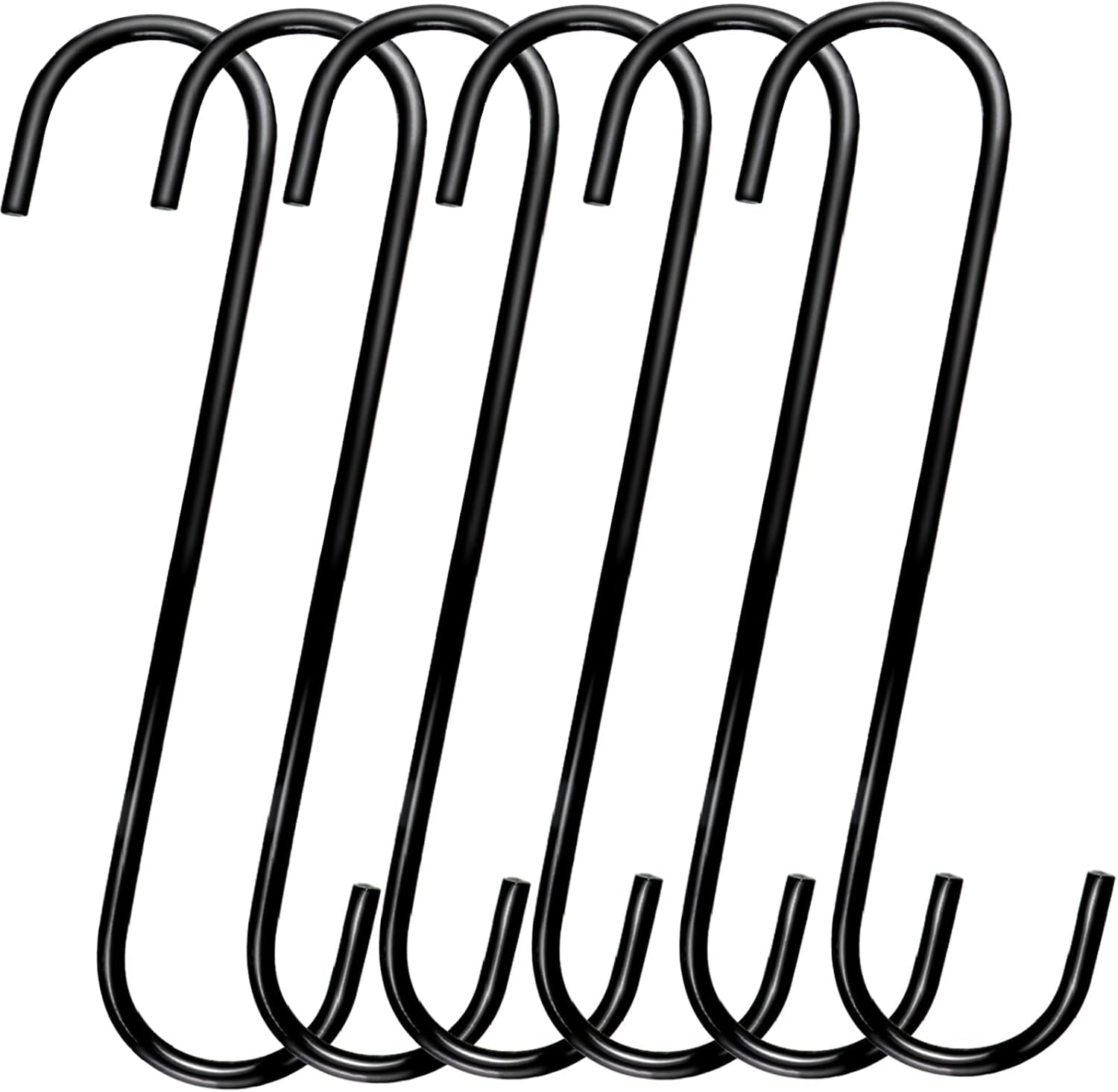 8-Inch Heavy-Duty S Hooks, 6-Pack Extra Large Metal S-Shaped Hooks for Outdoor Plant Hanging, Closet Organization, Flower Baskets, Patio Use, Bird Feeders, Bird Houses, and Kitchen Pots and Pans (Black)