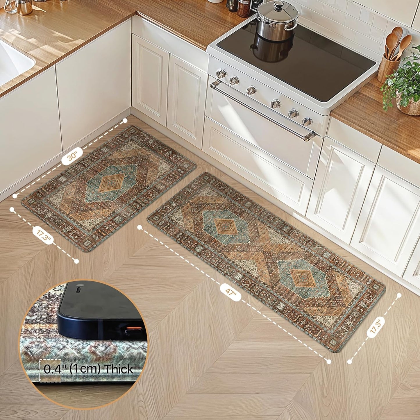 Kitchen Mats for Floor 2Pcs, Washable anti Fatigue Mat for Cushioned, 17.3"X47"+17.3"X30", Waterproof Kitchen Rugs, Non Slip Comfort Standing Mat Rug for Home, Sink, Laundry, Brick