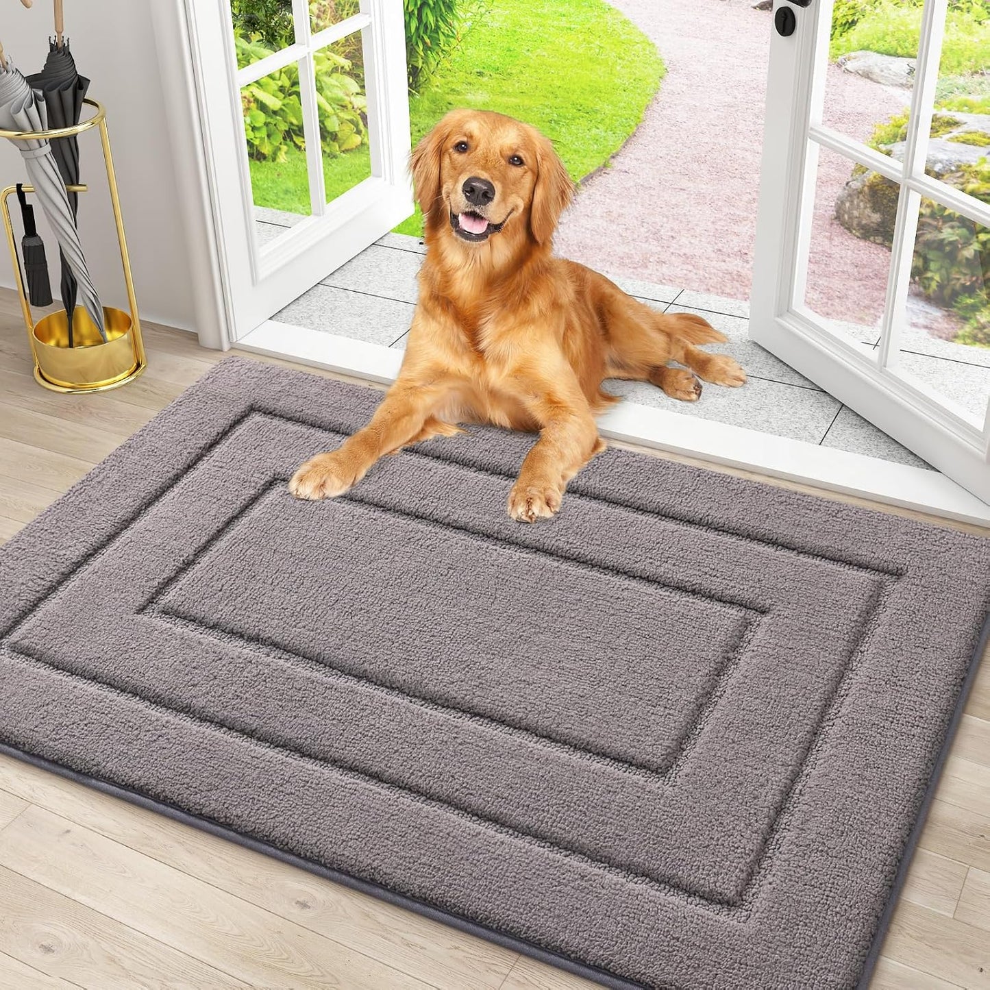 Bath Rug and Dog Door Mat Set, Memory Foam Bath Rug (Black 24X16) and Classic Dog Door Mat for Muddy Paws (Grey 30X20)