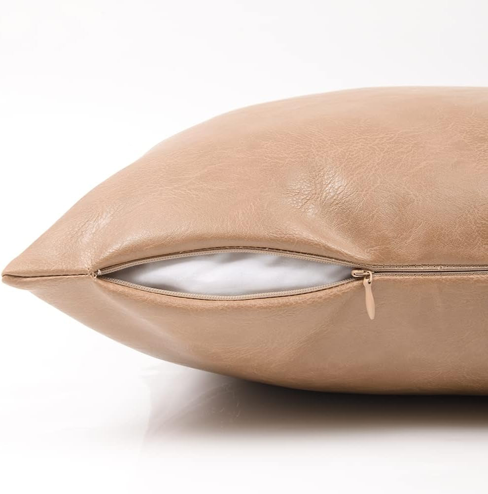 Tan Lumbar Waterproof Faux Leather Decorative Throw Pillow Covers 12X20 Inch for Living Room Couch Bed, Beige Hand Stitched Cushion Case 30X50 Cm, Taupe Modern Farmhouse Home Décor