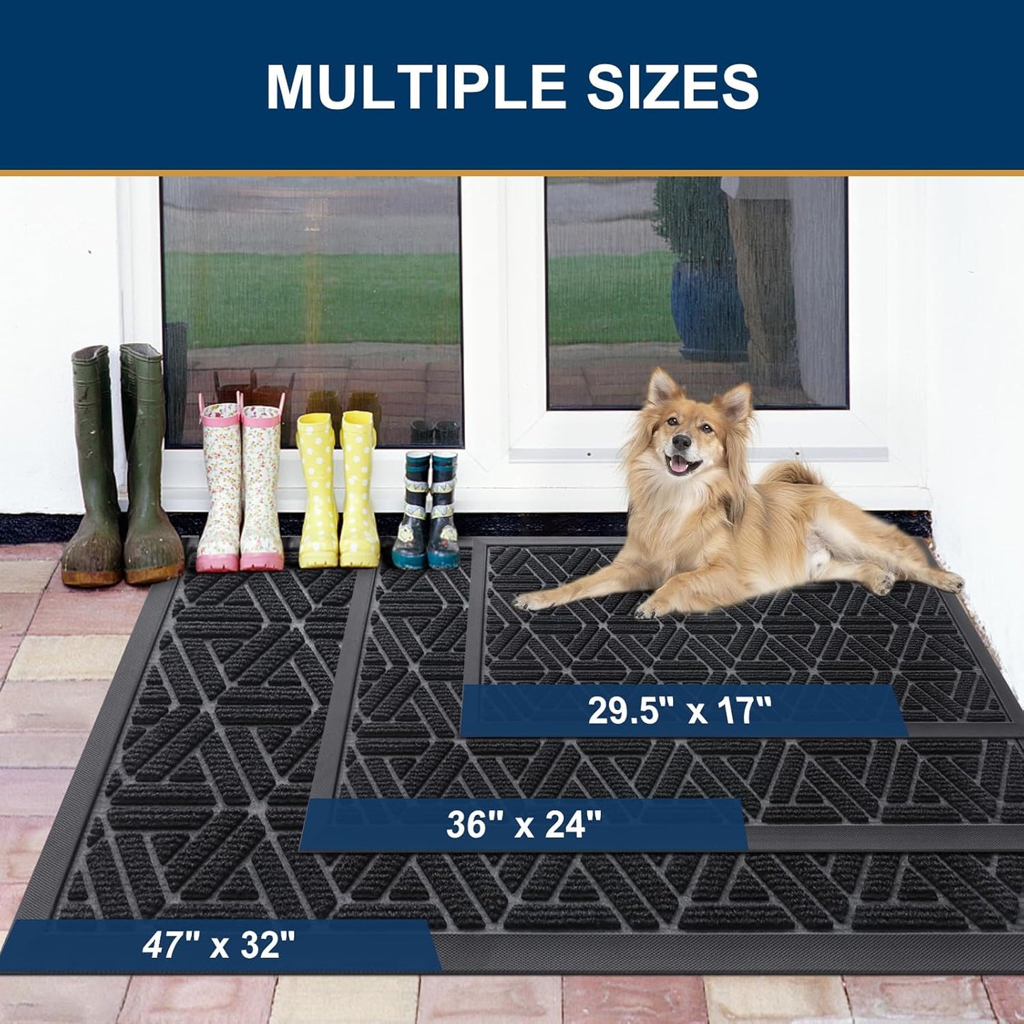 Outdoor Door Mat, Heavy Duty Natural Rubber Mat, 29.5X17 Inch, Grey and Black, 2 Item Bundle