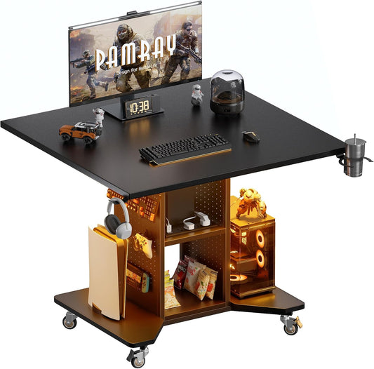 Small Rolling Gaming Desk with Led Lights Power Outlets and Storage Pegboard, Small Spaces Compact PC Computer Table Balck