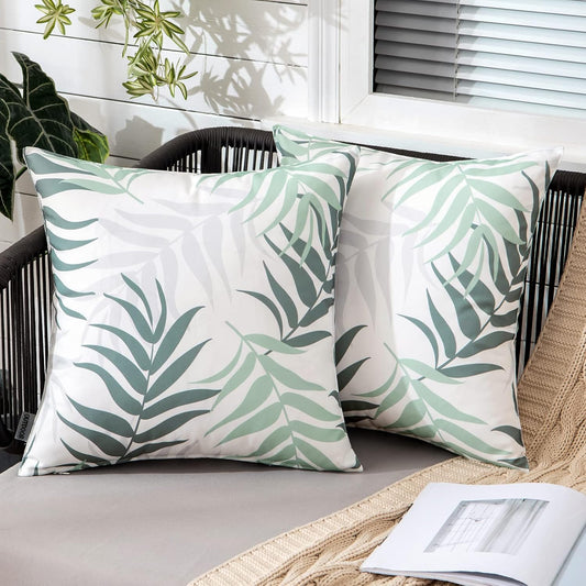 Pack of 2 Spring Outdoor Waterproof Throw Pillow Covers Decorative Patio Pillow Cases Natural Leaves Pattern Spring Square Cushion Shams Shell for Garden Balcony Couch 18X18 Inch, Greyish Green