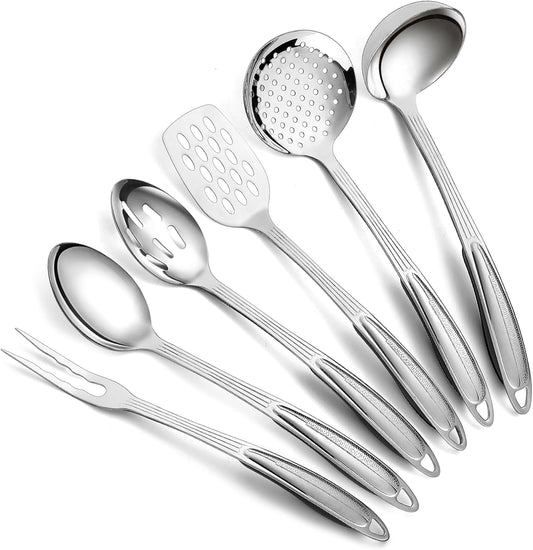 Premium 6-Piece Stainless Steel Kitchen Utensil Set with Essential Cooking Tools Including Metal Spatula, Skimmer, Ladle, Serving Spoon, Slotted Spoon, and Carving Fork