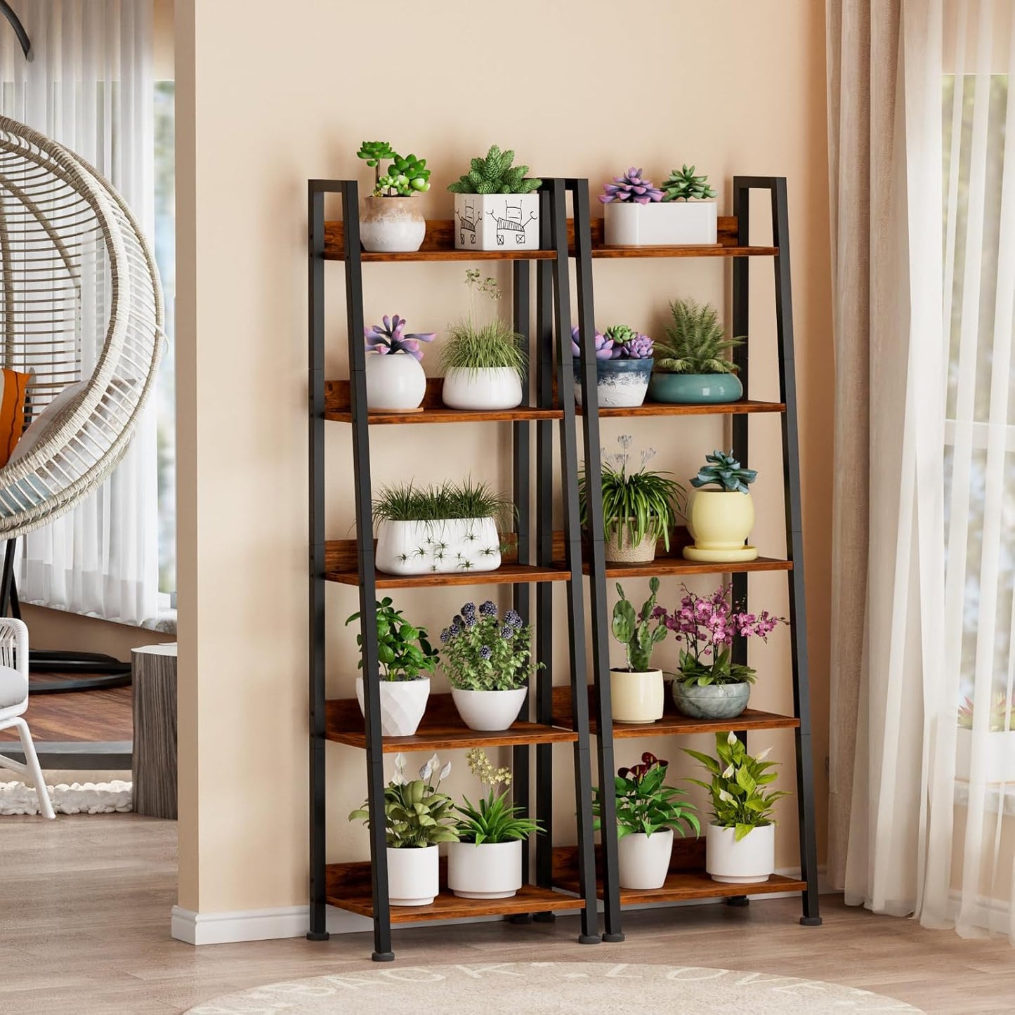 5-Tier Ladder Shelf, Ladder Bookshelf with Removable Drawer, Rustic Bookcase Storage Rack Organizer, Wood Metal Freestanding Storage Shelf for Living Room, Home Office, Bedroom, Balcony