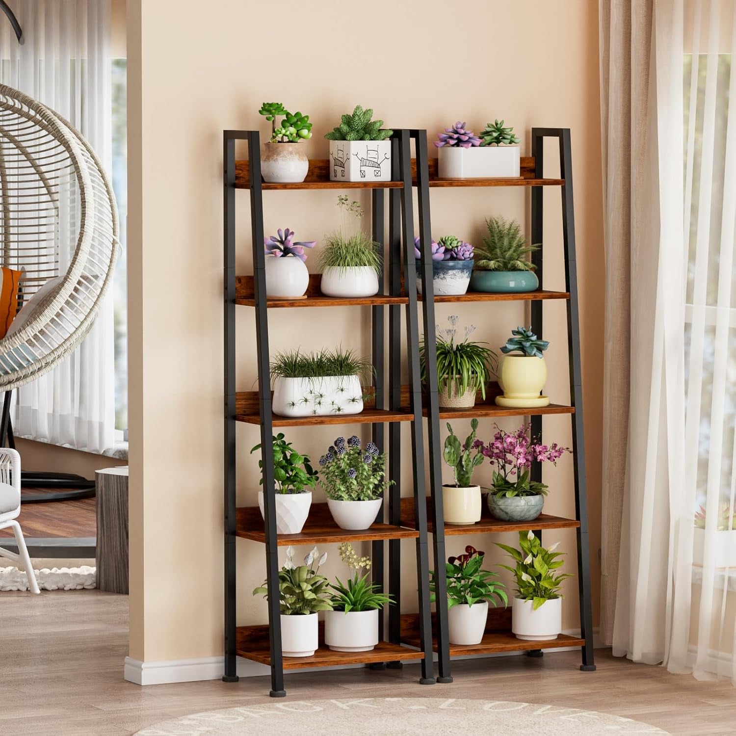 5-Tier Ladder Shelf, Ladder Bookshelf with Removable Drawer, Rustic Bookcase Storage Rack Organizer, Wood Metal Freestanding Storage Shelf for Living Room, Home Office, Bedroom, Balcony