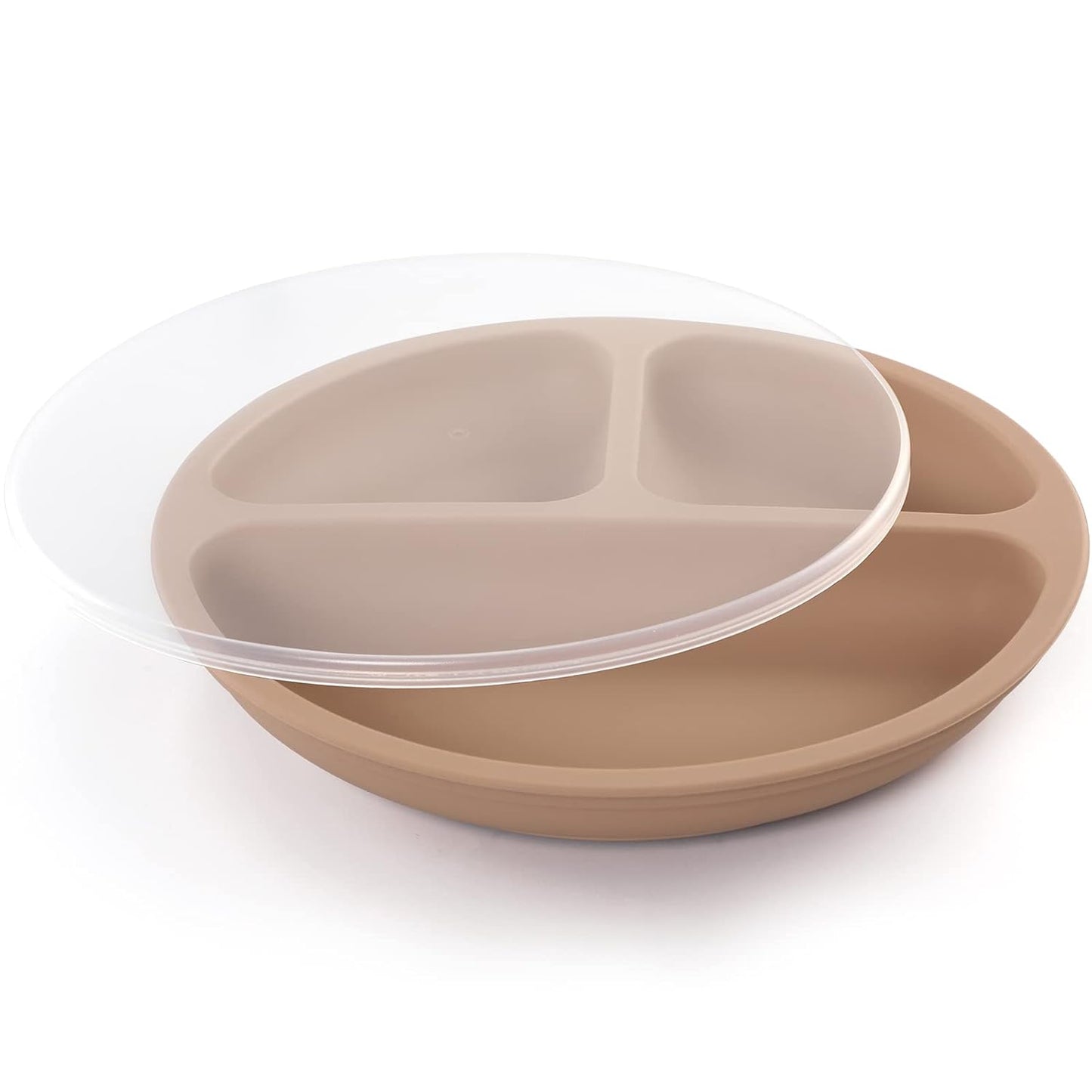 Suction Plate with Lid for Toddler, Baby & Kid, 100% Food-Grade Silicone, Divided Design, Microwave & Dishwasher Safe - Natural