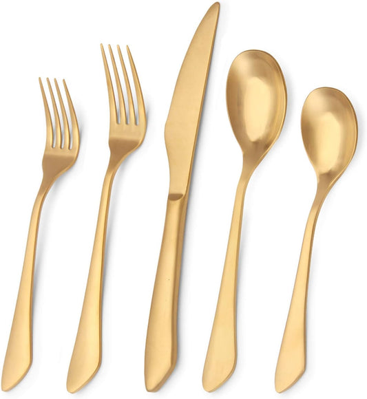 Matte Gold Silverware Set, 20-Piece Stainless Steel Flatware Set, Kitchen Utensil Set Service for 4, Satin Finish Tableware Cutlery Set for Home and Restaurant, Dishwasher Safe