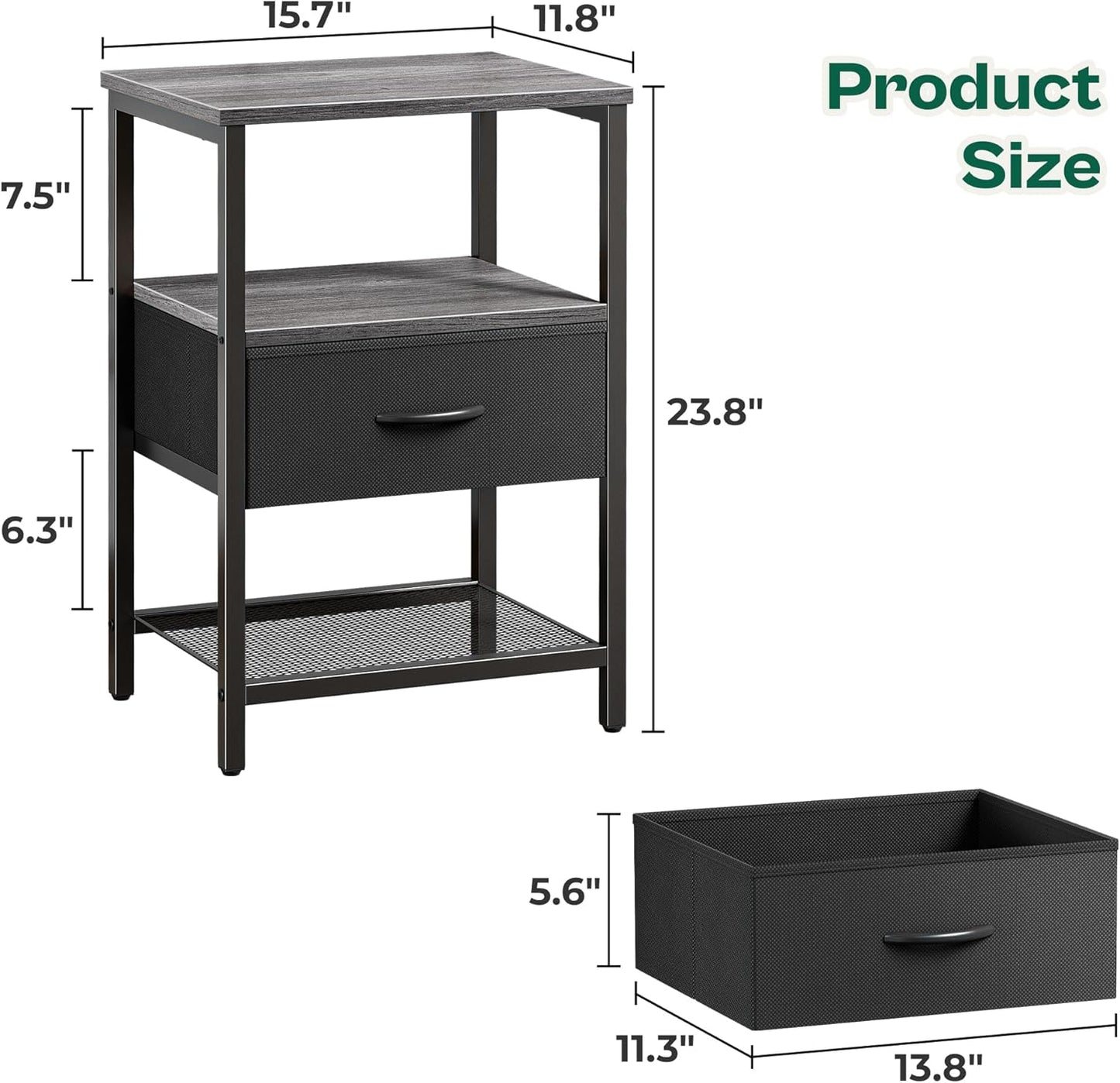 Charcoal Gray Nightstand with Fabric Drawer and Open Mesh Shelf, Metal Frame Side Table for Bedroom and Living Room