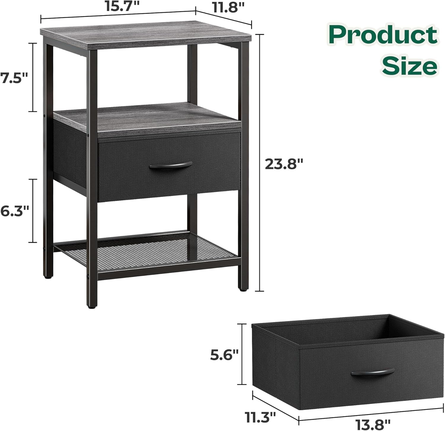 Charcoal Gray Nightstand with Fabric Drawer and Open Mesh Shelf, Metal Frame Side Table for Bedroom and Living Room