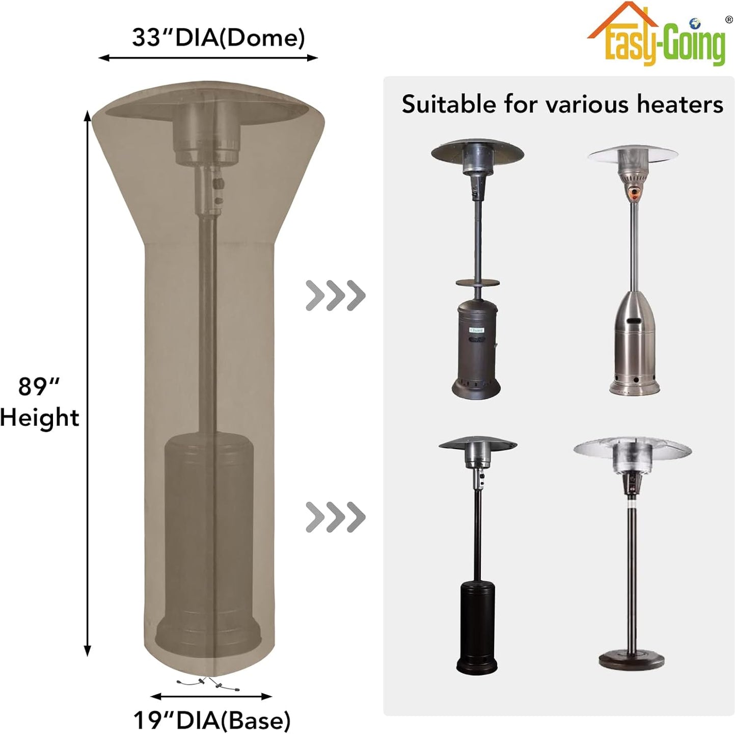Patio Heater Cover with Zipper and Storage Bag, Waterproof Outdoor Heater Cover Dustproof, Uv-Resisant, Wind-Resistant (89" H X 33" D X 19" B, Camel)
