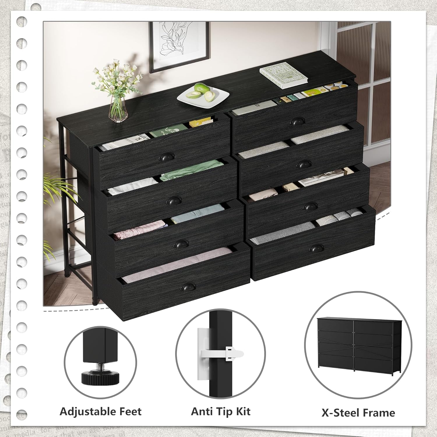 Elegant Wide Dresser with 8 Fabric Drawers and Wood Top for 55'' TV, Versatile Storage Solution for Bedroom, Living Room, Dorm, Closet, and Entryway (Black Oak)