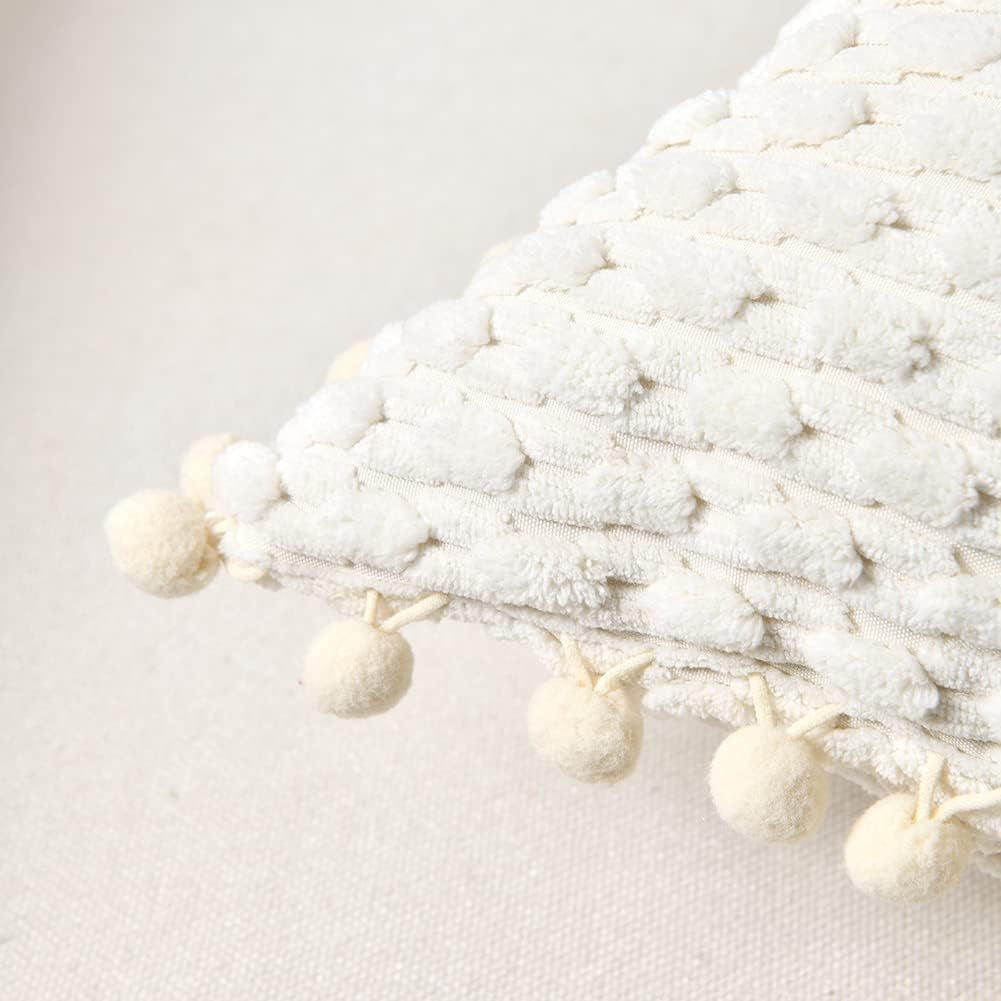 Set of 2 Boho Cream Decorative Throw Pillow Covers 18X18 Inch with Pom-Poms for Couch Bed Sofa, Modern Farmhouse Home Decor, Soft Plush Corduroy Cute Cushion Case 45X45 Cm