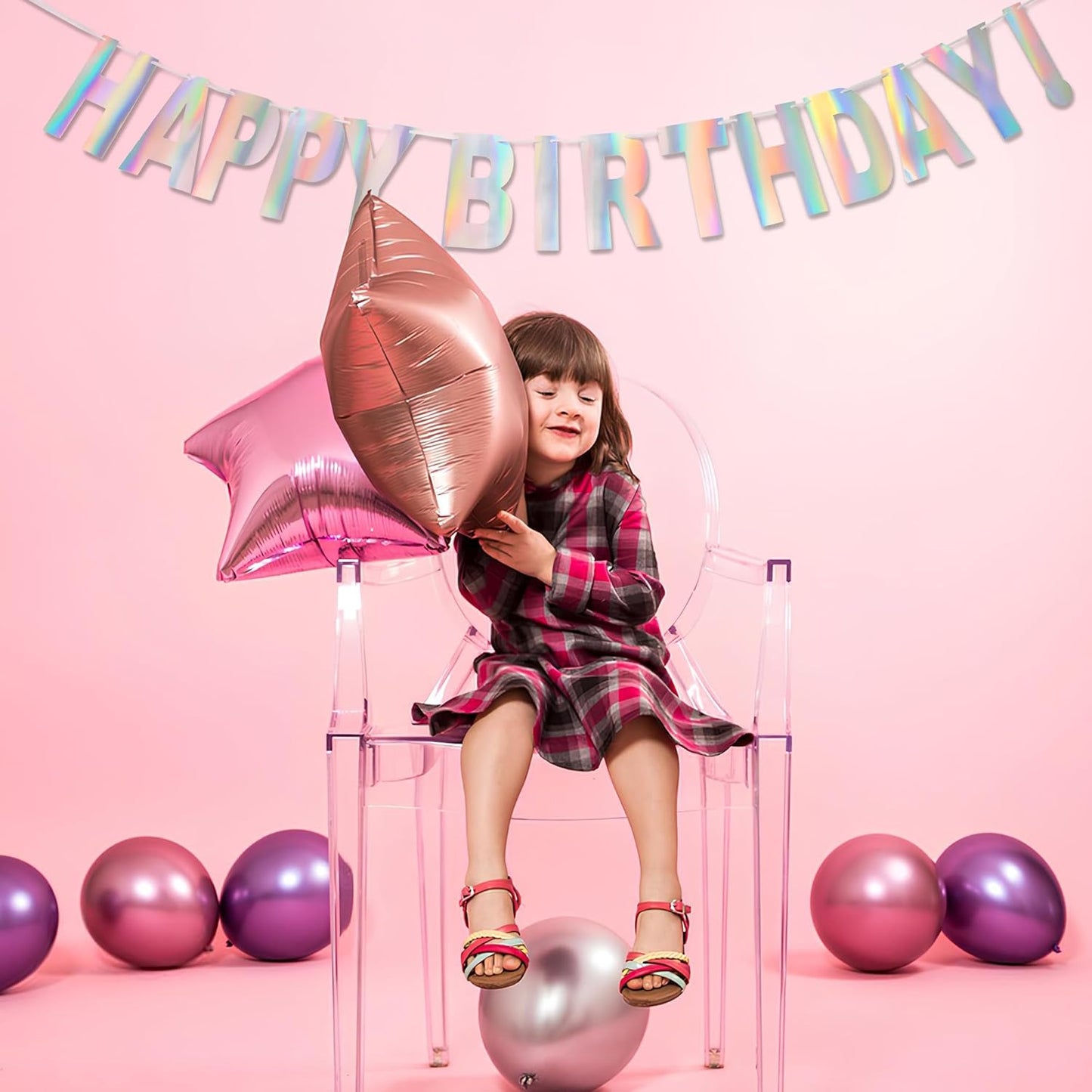 Pink Tinsel Curtain Party Backdrop and Holographic Banner for Party Supplies