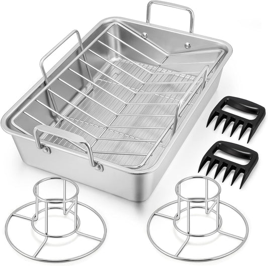 16" Roasting Pan with Rack, 7 PCS  Stainless Steel Roaster Lasagna Pan with Cooling Flat & V-Shaped Baking Rack, Grilling Chicken Holder, Meat Shredding Claws, Dishwasher & Oven Safe