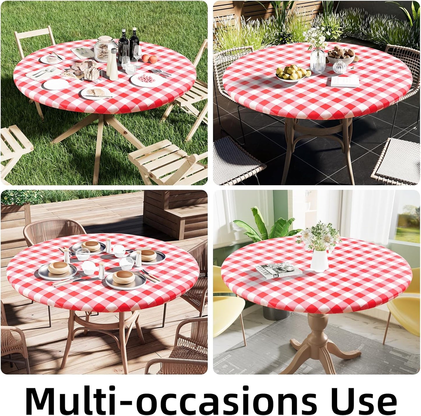 round Picnic Tablecloth, Elastic Waterproof Fitted Vinyl Tablecloths for 36"-44" Tables, Flannel Backed Buffalo Plaid Table Cover for Dining, Camping, Outdoor, White and Red