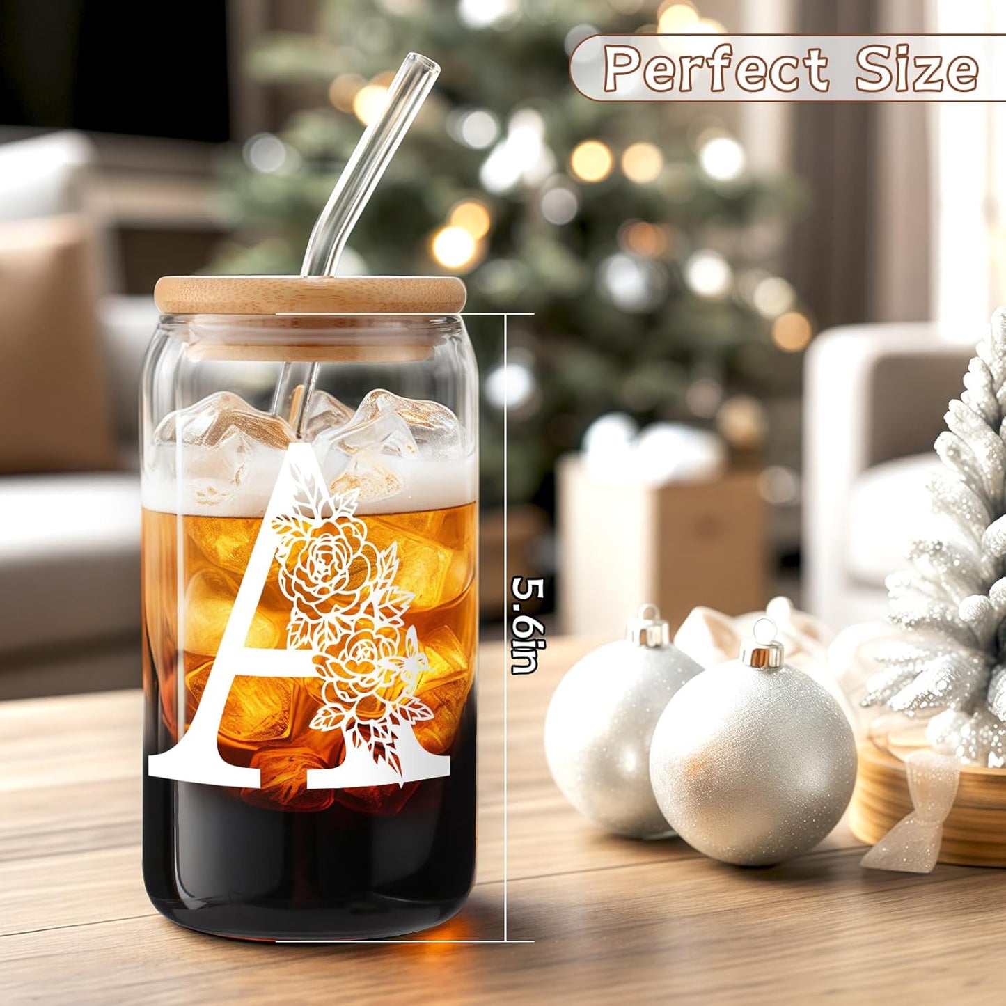 Gifts for Holidays,Birthday Gifts for Women,Personalized Initial Glass Cup as Iced Coffee Cups,Aesthetic Smoothie Cup Cute Beer Tumbler,16 Oz Glass Cups with Lids and Straws-A(1Psc)