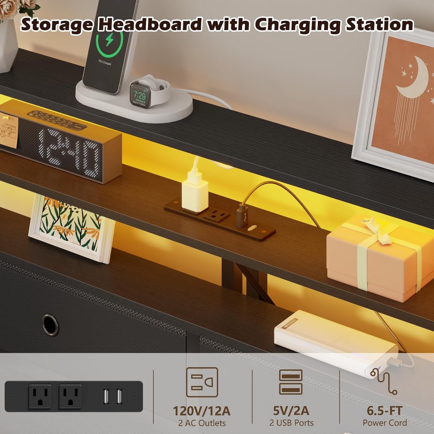 Twin Bed Frame with Integrated Charging Station and LED Lighting, Wooden Headboard Featuring Two Fabric Drawers and Storage Shelves, Twin Size Platform Design with Metal Slats, Box Spring Not Required, Black Oak Finish