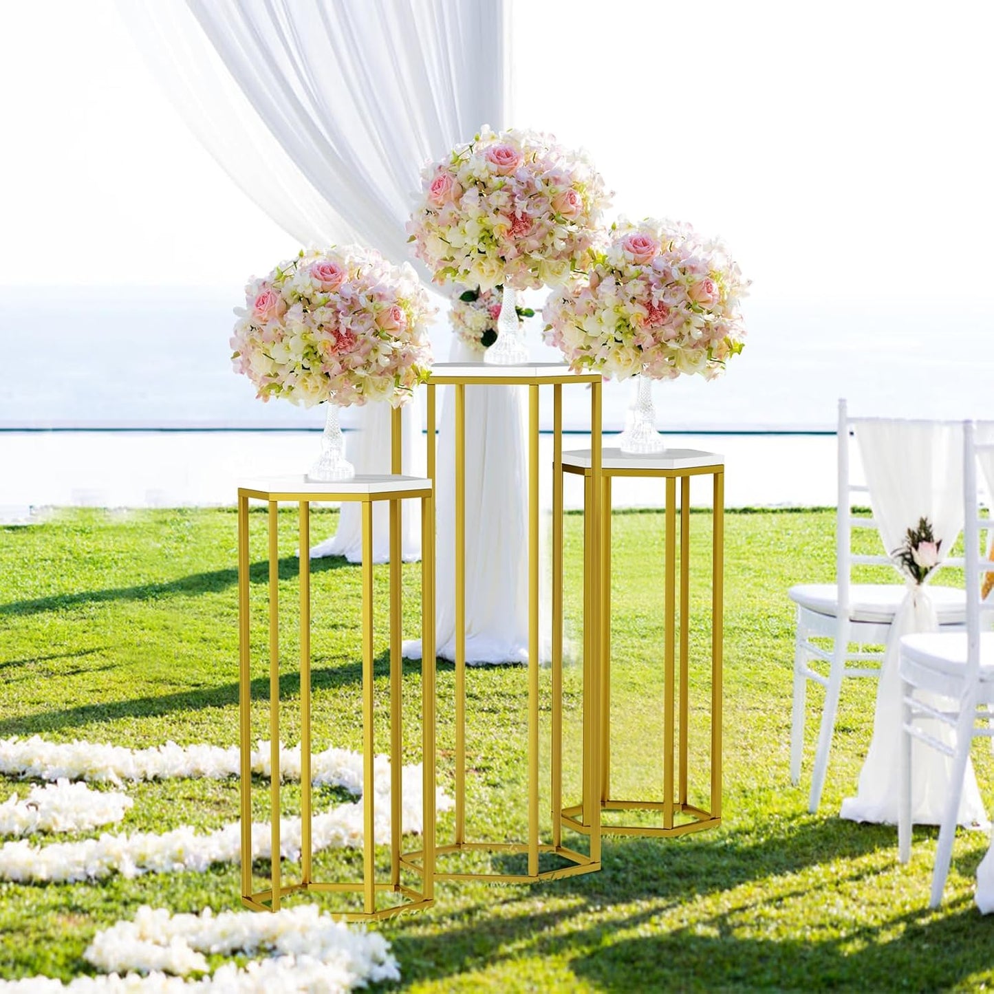 Cylinder Stands for Party, Set of 3 Gold Metal Hexagon Pedestal Stand with Marbled Countertop, Cake Flower Plant Pedestal Stands for Display Parties Wedding Birthday Decor, 3PCS, Gold