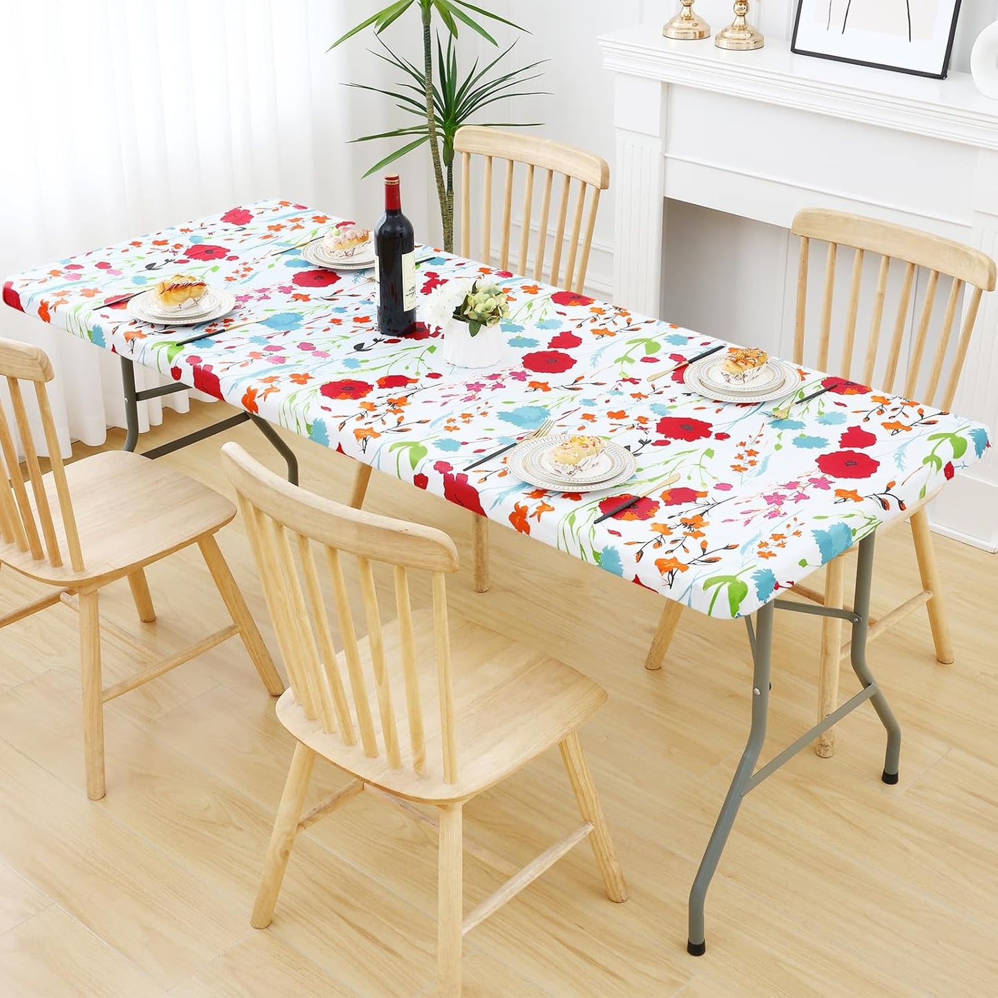 Rectangle Picnic Tablecloth, Waterproof Elastic Fitted Table Covers for 6 Foot Tables, Wipeable Flannel Backed Vinyl Tablecloths for Camping, Indoor, Outdoor (Flowers, 30X72 Inches)