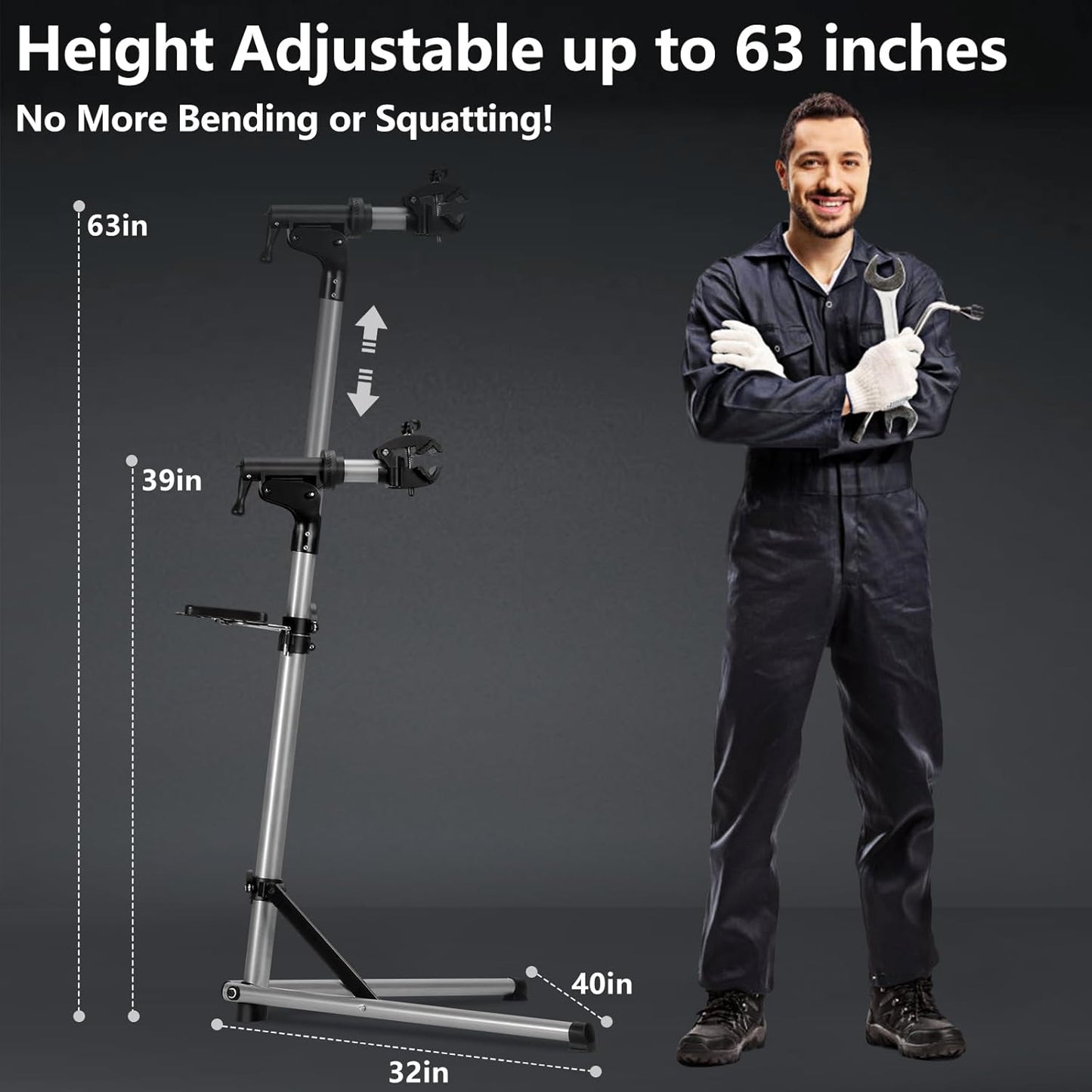 Bike Repair Stand Premium Aluminum Bike Stand for Maintenance, 68Lbs Capacity, Height-Adjustable, 360° Rotatable Clamp, Tool Tray Included