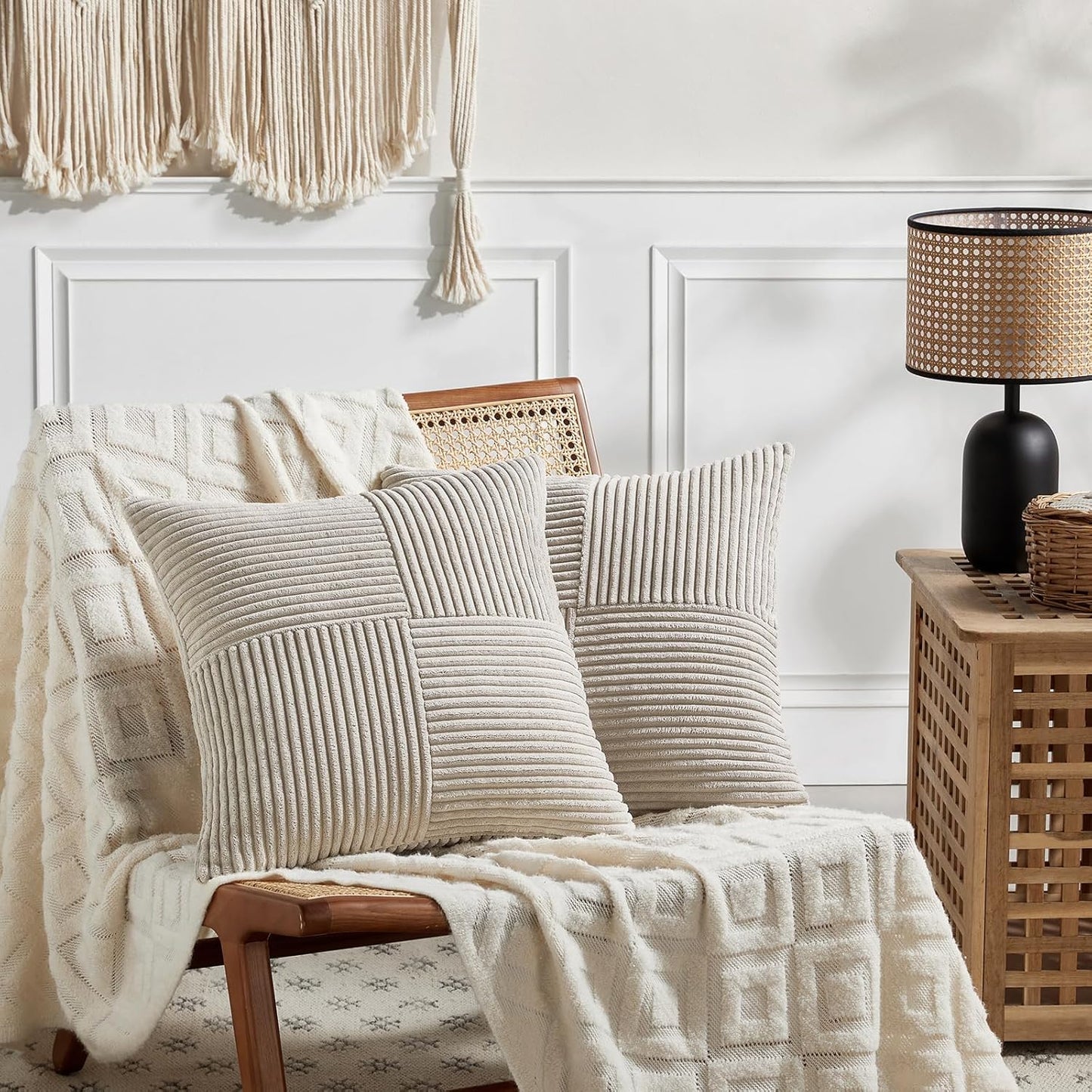 2 Packs Neutral Taupe Decorative Throw Pillow Covers 18X18 Inch for Living Room Couch Sofa, Rustic Farmhouse Boho Home Decor, Soft Corss Corduroy Patchwork Textured Square Cushion Case 45Cm