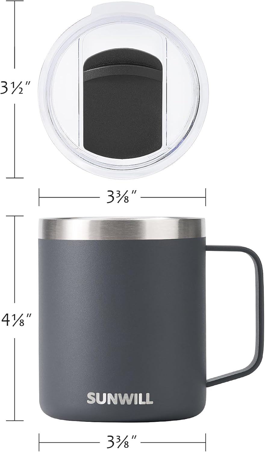 Travel Coffee Mug with Lid, Insulated Tumbler with Handle, 14 Oz Stainless Steel Cup for Home, Office, Camping, Powder Coated Charcoal