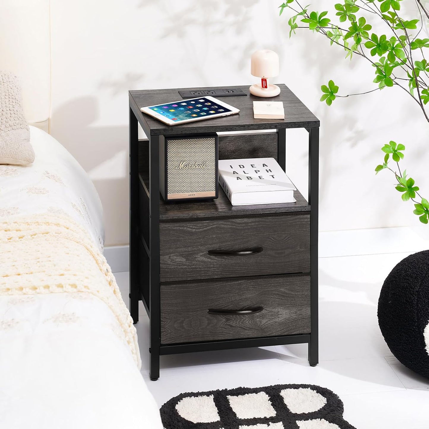 Nightstand with Charging Station, Small Night Stand with Fabric Drawers and Storage Shelf for Bedrooms, Nightstands for Small Spaces, Bedside Table with USB Ports & Outlets, Bed Side Table