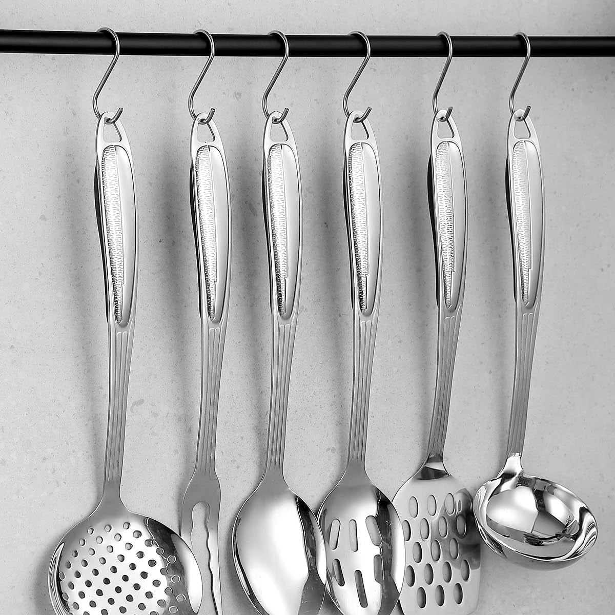 Premium 6-Piece Stainless Steel Kitchen Utensil Set with Essential Cooking Tools Including Metal Spatula, Skimmer, Ladle, Serving Spoon, Slotted Spoon, and Carving Fork