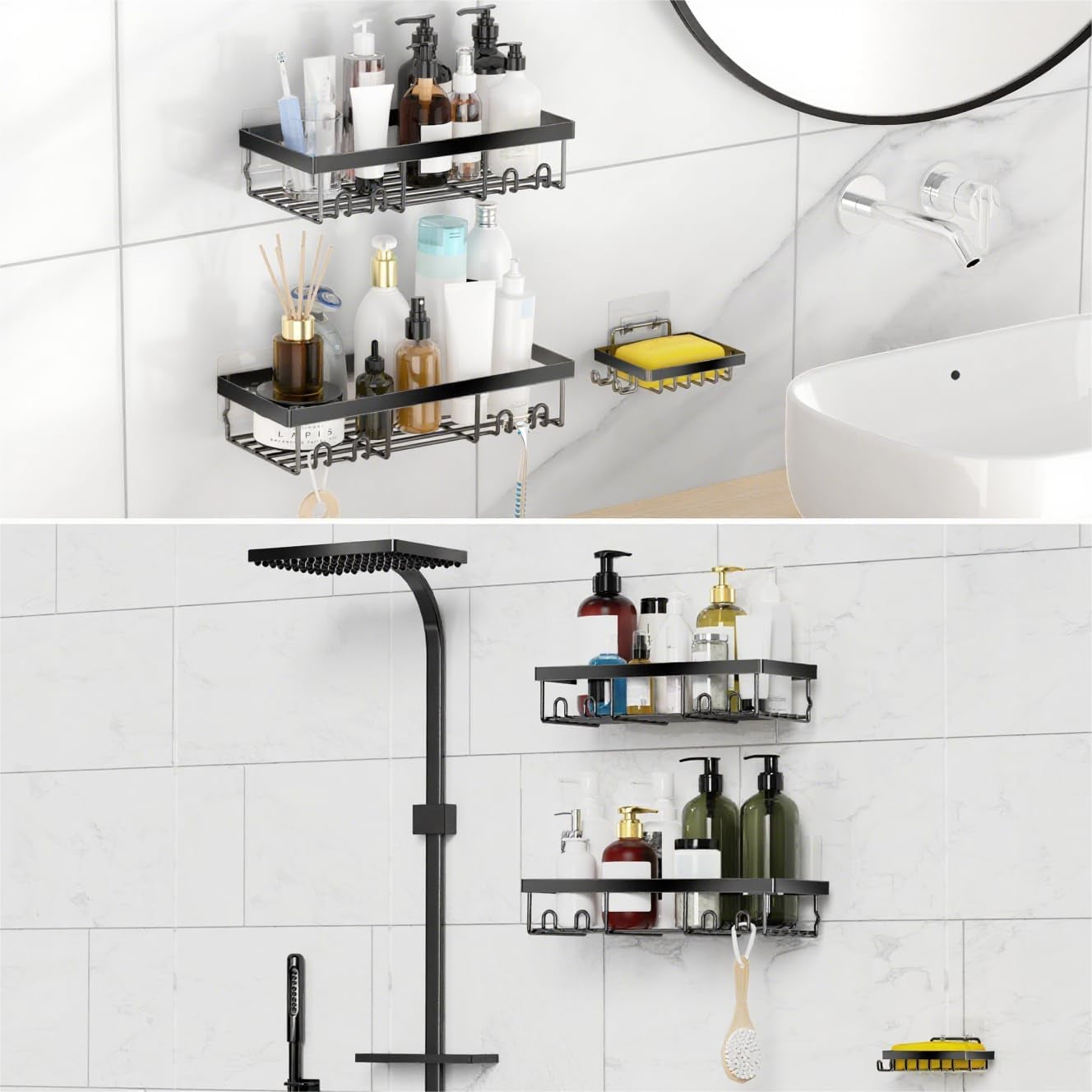 3-Pack Shower Caddy Basket Shelf with Soap Holder, No Drilling Traceless Adhesive Shower Wall Shelves, Rustproof Black Bathroom Shower Storage Organizer