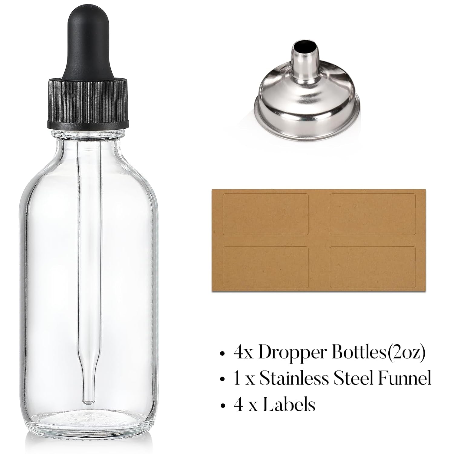 4 Pcs, 2 Oz Clear Eye Dropper Bottles with 1 Stainless Steel Funnels & 4 Labels - Black Caps 60Ml Thick Glass Tincture Bottles - Leakproof Essential Oils Bottles for Health, Personal Care & Beauty