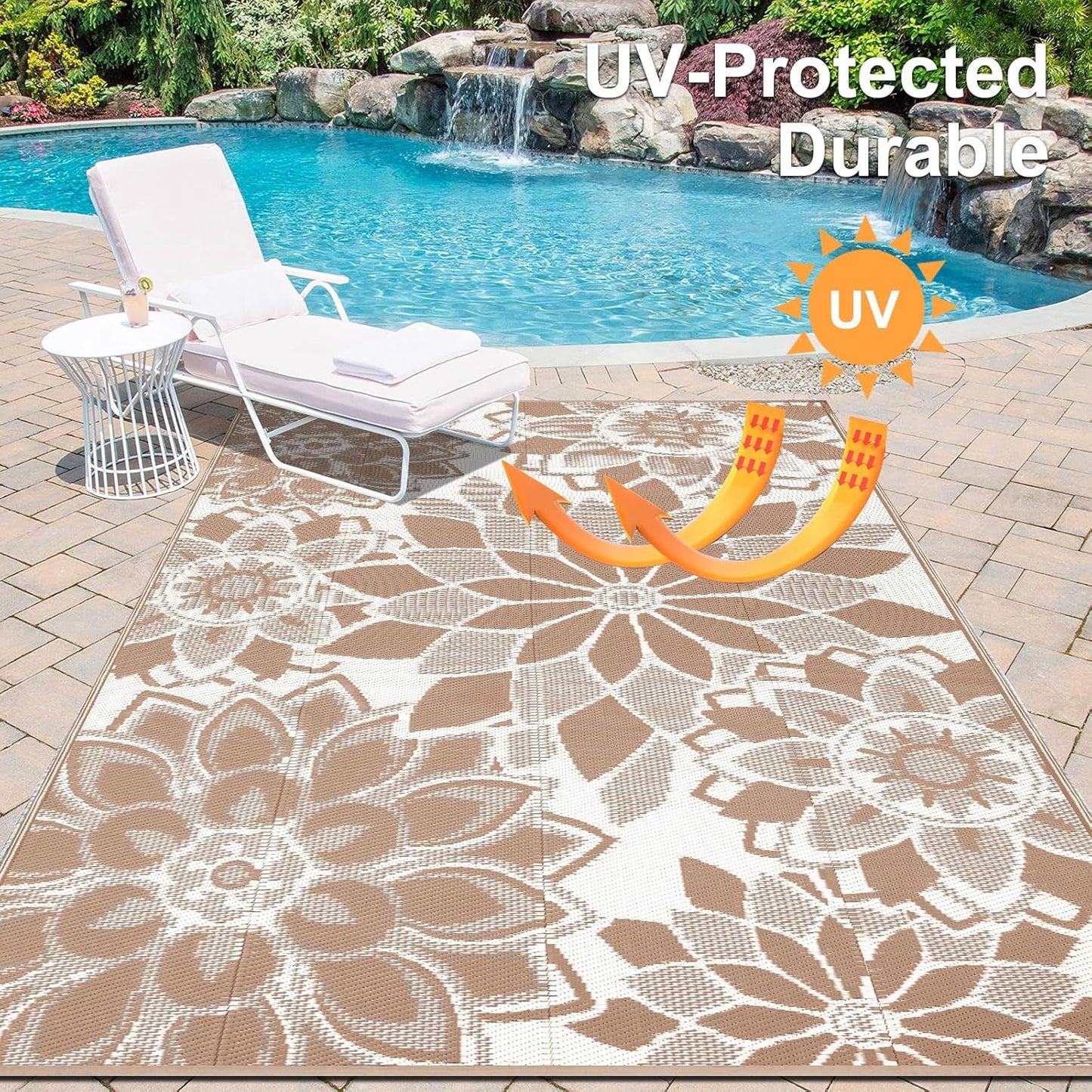 Reversible Waterproof Outdoor Rug for Patio, 6' x 9' Plastic Straw Area Mat, Ideal for RVs, Decks, Porches, Picnics, Beaches, and Balconies in Brown and White