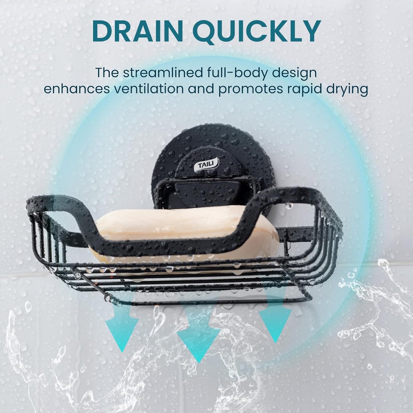 Soap Holder Bar Dish Suction Cup, Bar Shampoo Rack for Shower Wall, Draining Soap Saver Tray for Bathroom, Rustproof Stainless Steel Sponge Holder for Tub, Kitchen, Drill-Free, Black