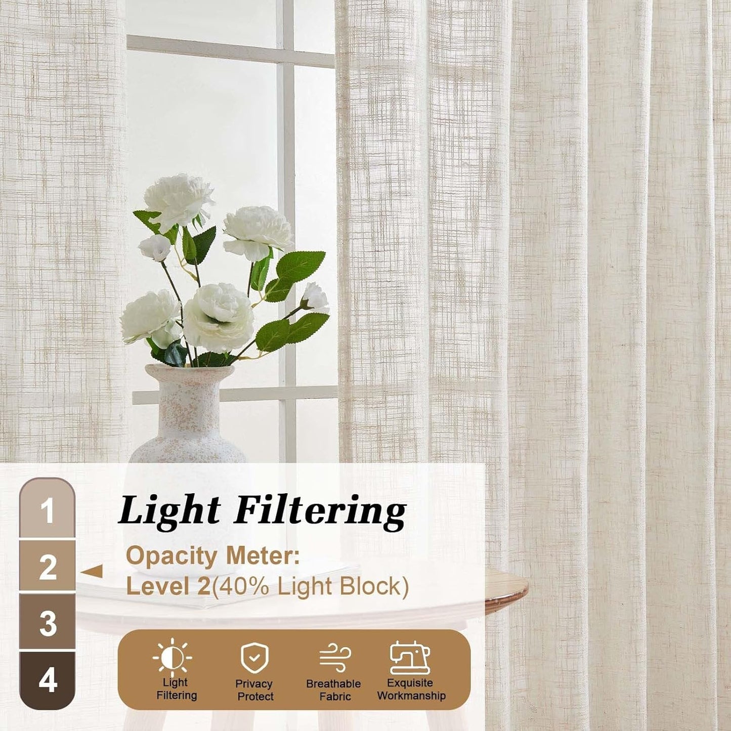Natural Linen Curtains for Bedroom Living Room 63 Inch Length 2 Panels Set, Thick Textured Burlap Linen Blend Light Filtering Boho Farmhouse Dining Room Curtains, Natural, Each 42" W X 63" L