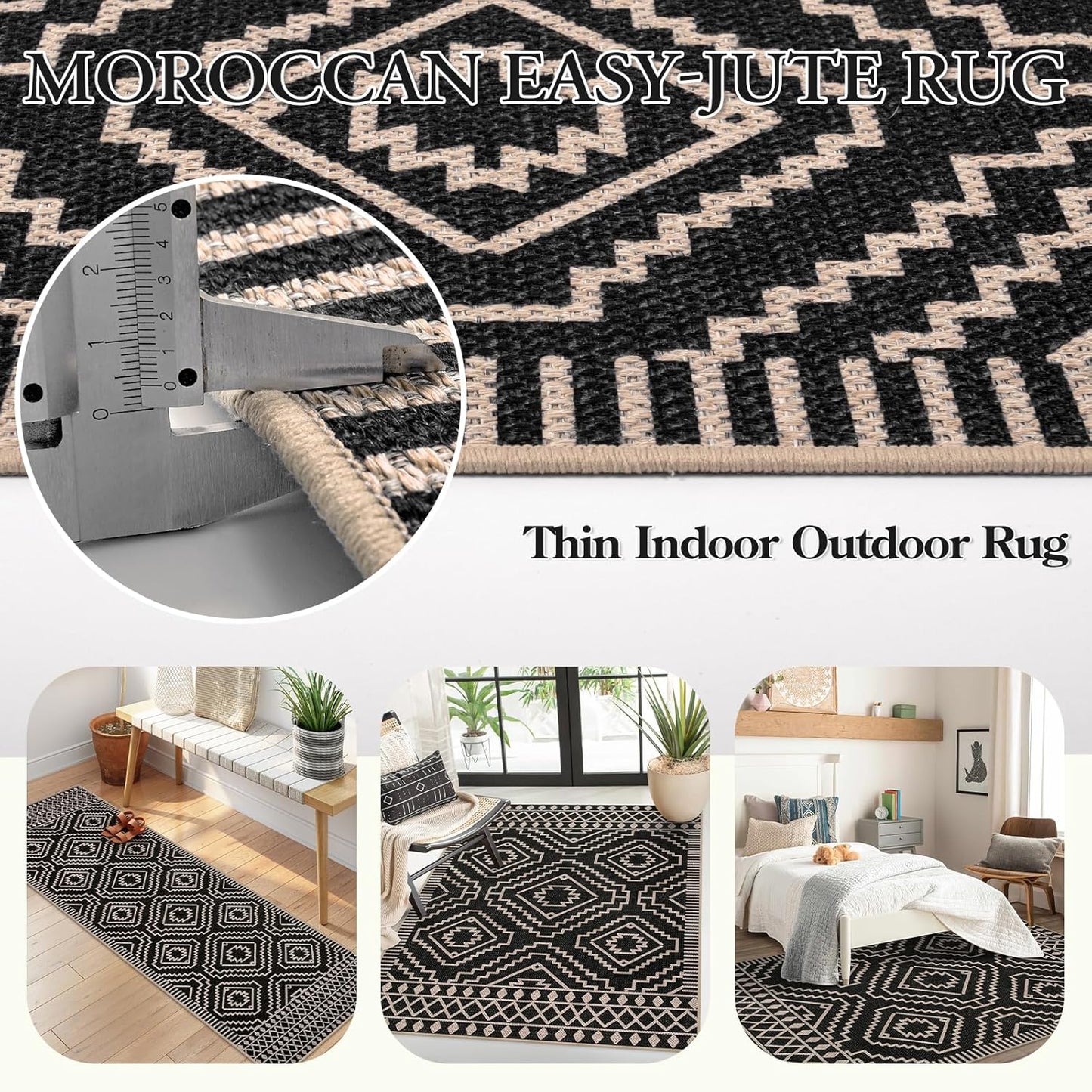 Moroccan Easy Jute Carpet, 3X5 Indoor Outdoor Entryway Patio Rug 3X5 Farmhouse Black Washable Living Room Rug, Non Slip Indoor Outdoor Carpet for Patio Courtyard Deck