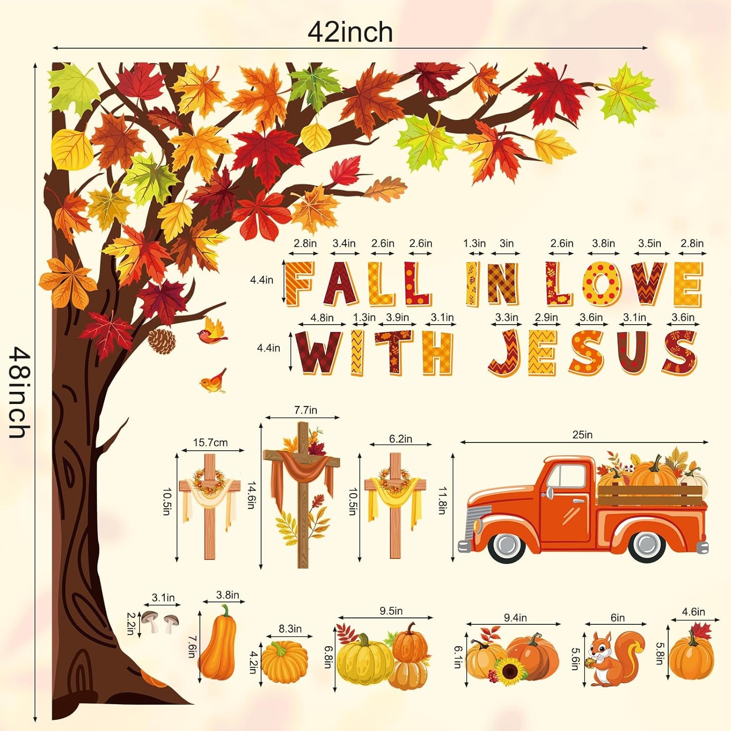 100Pcs Fall in Love with Jesus Bulletin Board Set Fall Christian Decoration Cut-Outs Paper Poster Banner with Fall Tree Leaves Pumpkin Cross Truck Patterned for Religious Church Classroom Decor
