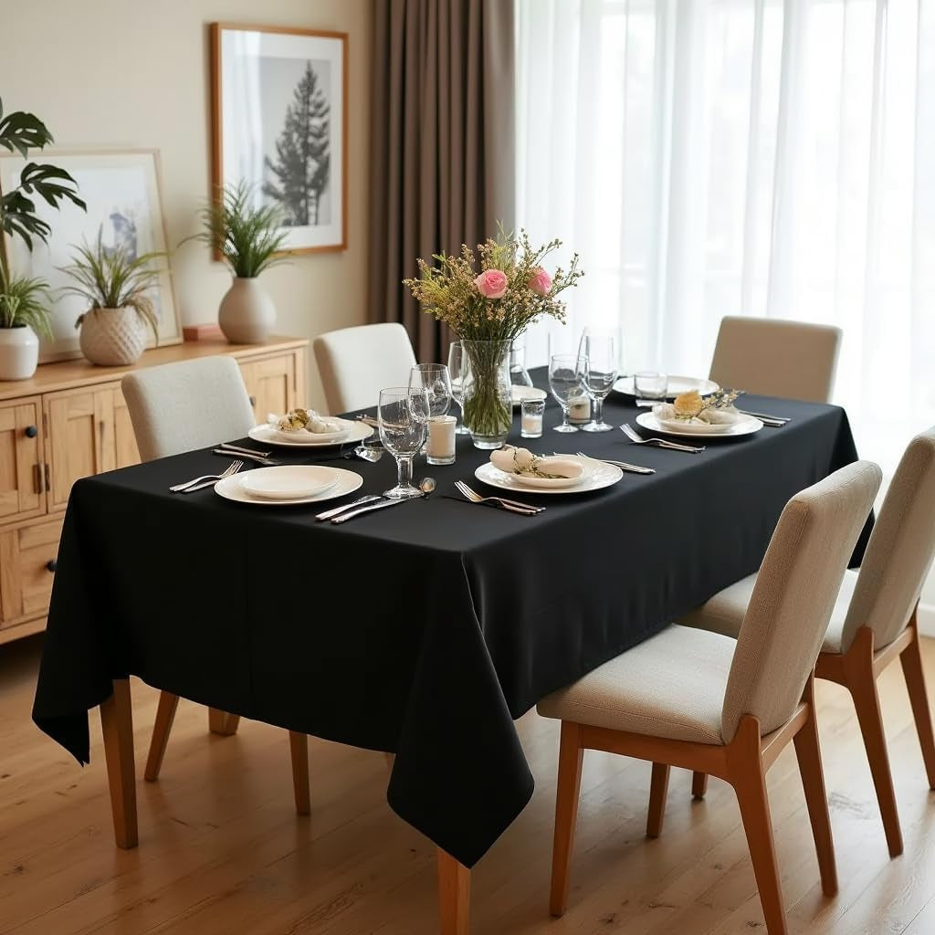 Rectangle Tablecloth - 60 X 84 Inch - Stain and Wrinkle Resistant Washable Polyester Table Cloth, Decorative Fabric Table Cover for Dining Tables, Buffet Parties and Camping, Black
