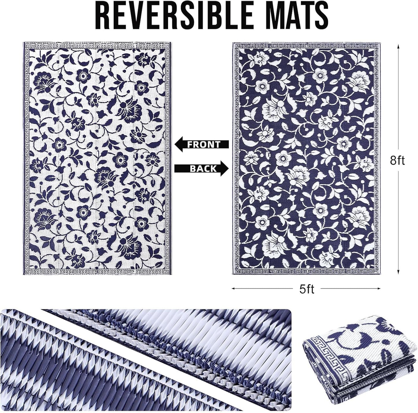 Waterproof Outdoor Rug 5X8 Ft, Outdoor Plastic Straw Rug with Flower Pattern, Reversible RV Mat for Patio, Camping, Balcony, Deck, Backyard, Navy & White