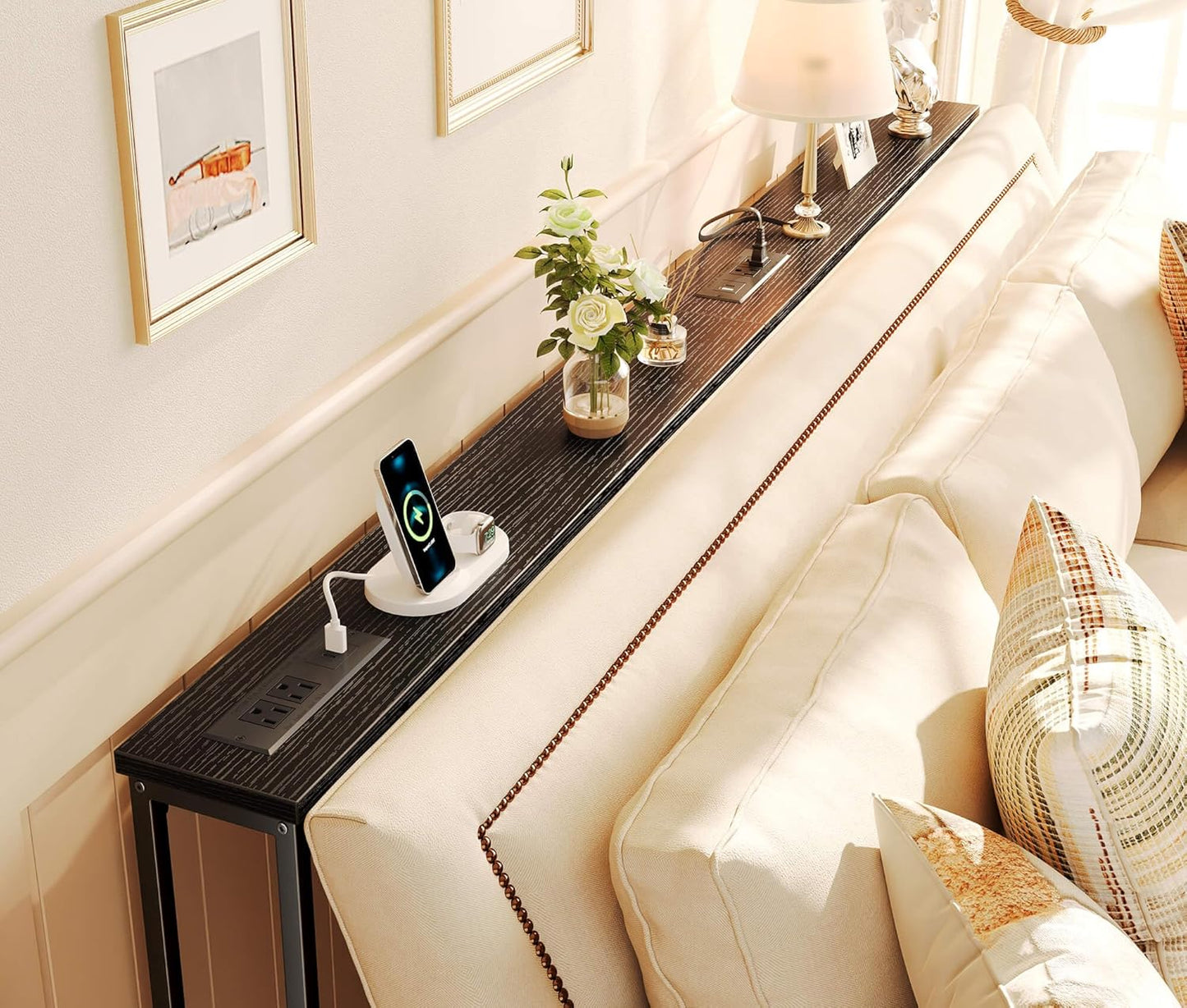 5.9-Inch Narrow Console Table Set with Outlet, 78-Inch Total Length, Behind Couch and Long Entryway Tables with Charging Station for Living Room and Hallway, Black